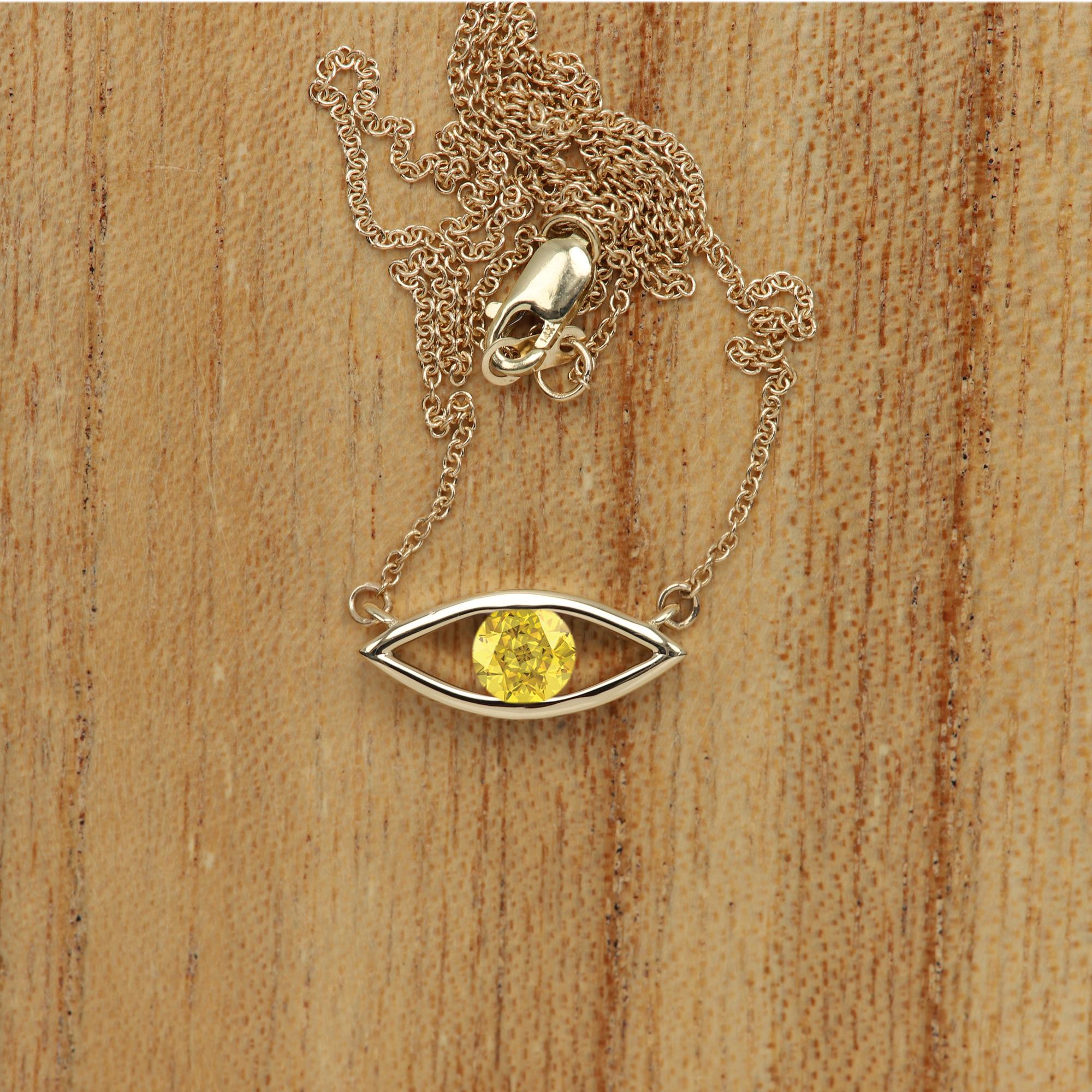 Evil Eye Halskette 14 Karat Gelbgold Gelber Saphir Geburtsstein 0,50 Karat (Rundschliff) im Angebot