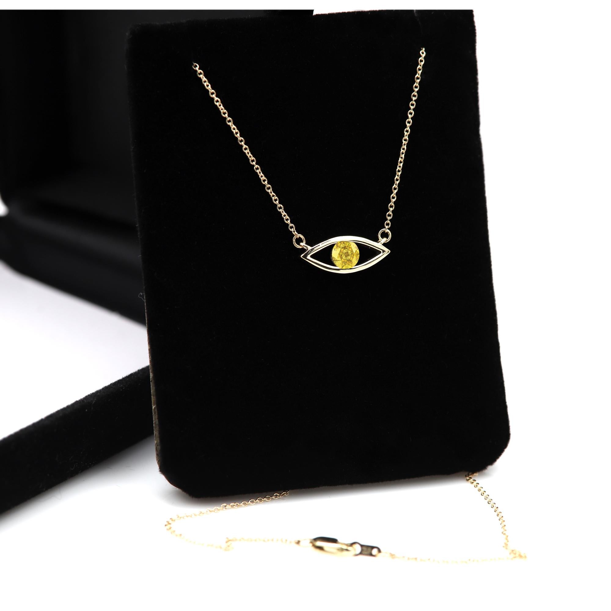 Women's Evil Eye Necklace 14 Karat Yellow Gold Yellow Sapphire Birthstone 0.50 Carat For Sale