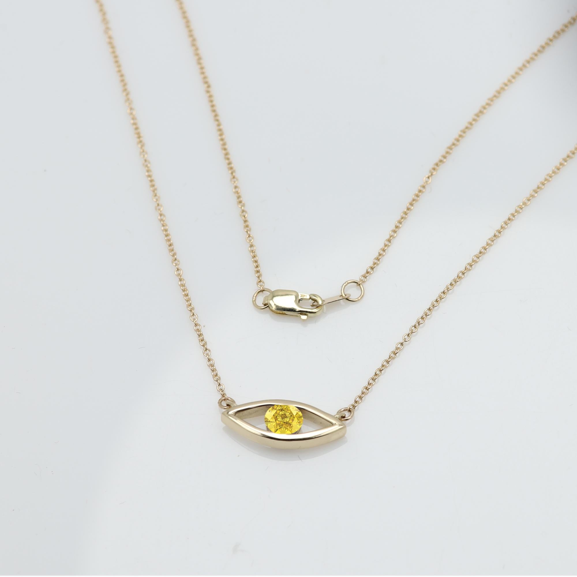 Evil Eye Necklace 14 Karat Yellow Gold Yellow Sapphire Birthstone 0.50 Carat For Sale 2