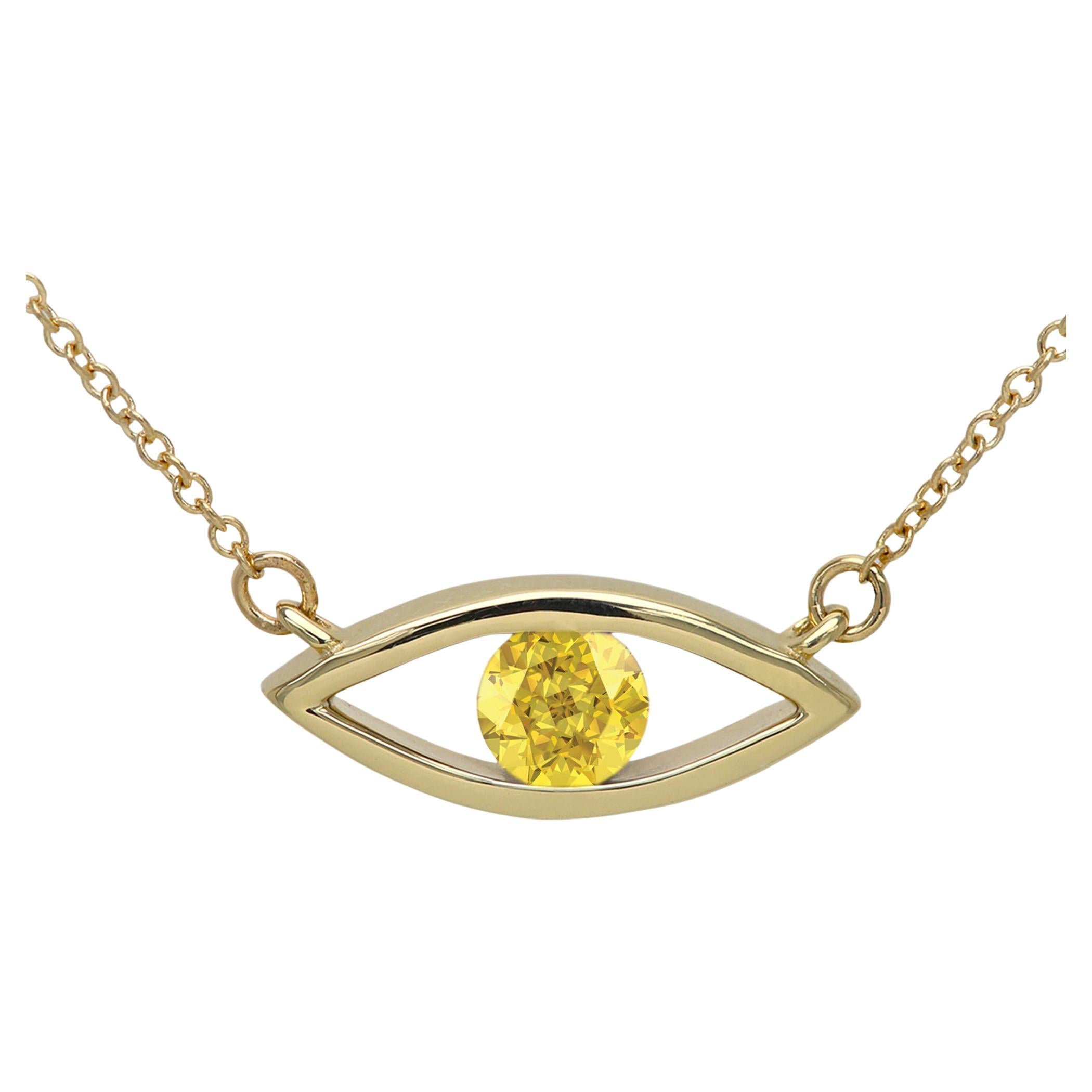 Evil Eye Necklace 14 Karat Yellow Gold Yellow Sapphire Birthstone 0.50 Carat For Sale