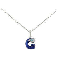 Evil Eye Necklace Letter G Charm 14K White Gold Diamond Enamel Talisman Pendant