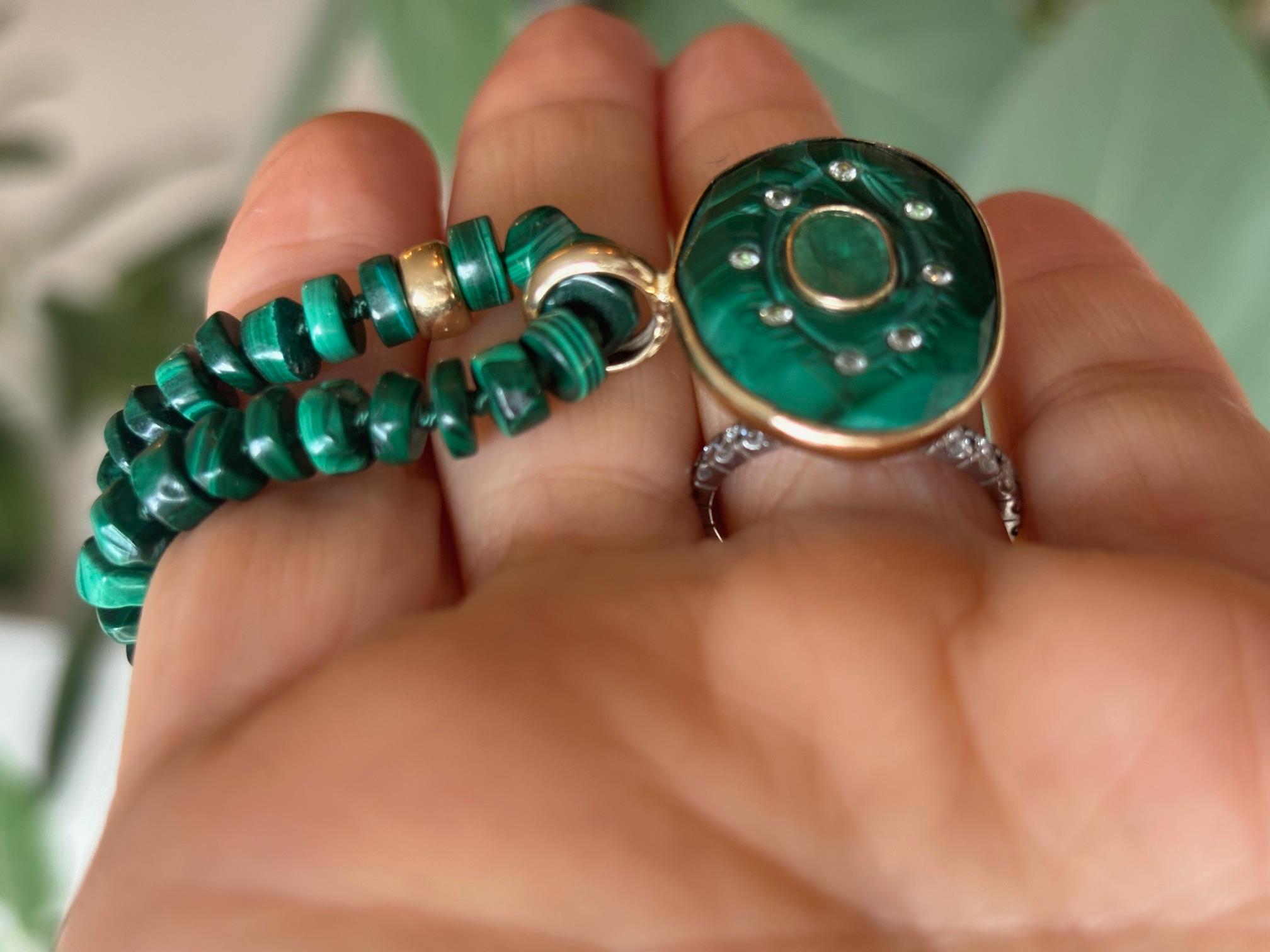 Taglio smeraldo COLLANA EVIL EYE, malachite, smeraldo, diamanti e oro 14k in vendita