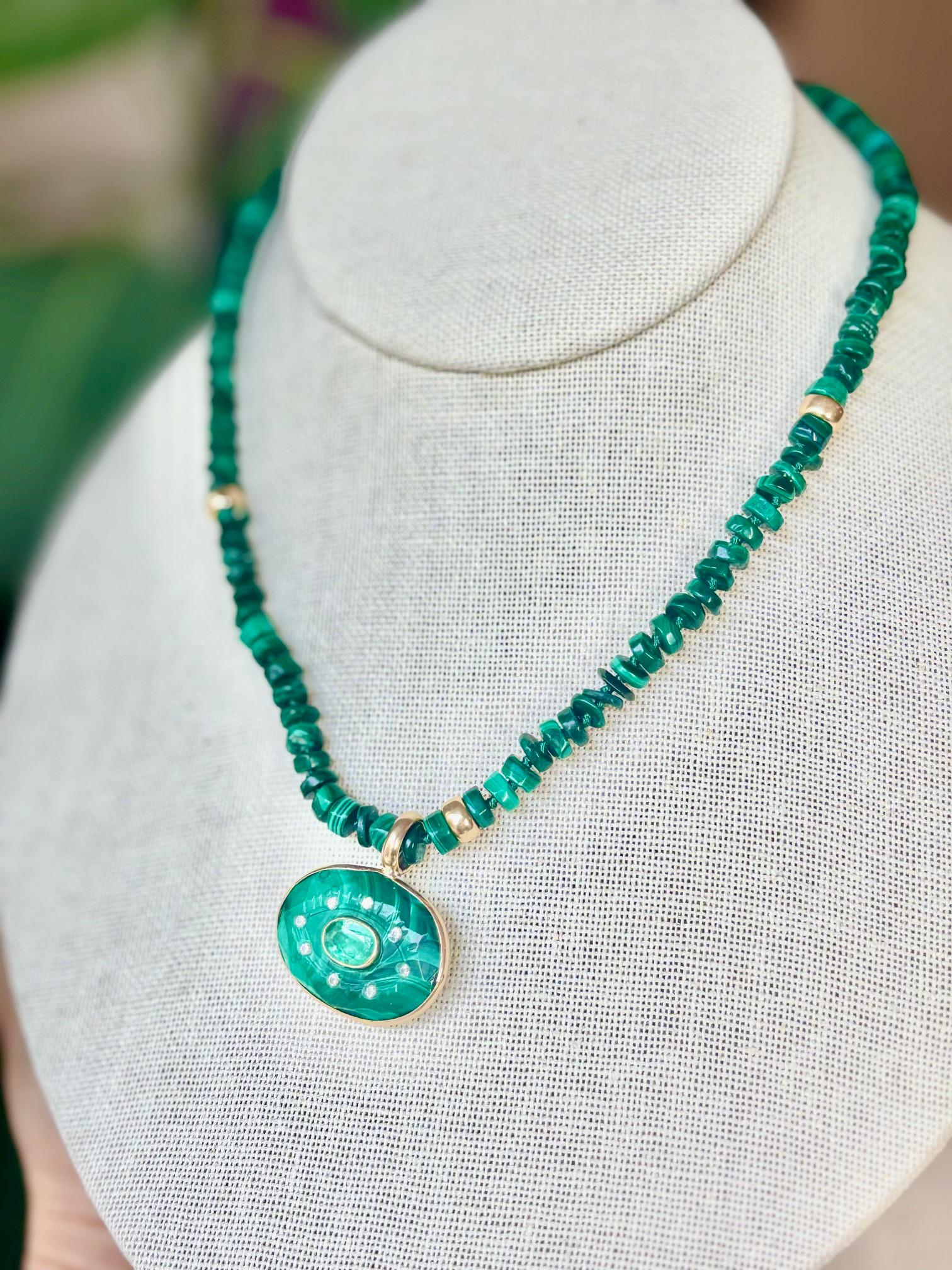 COLLANA EVIL EYE, malachite, smeraldo, diamanti e oro 14k in vendita 2