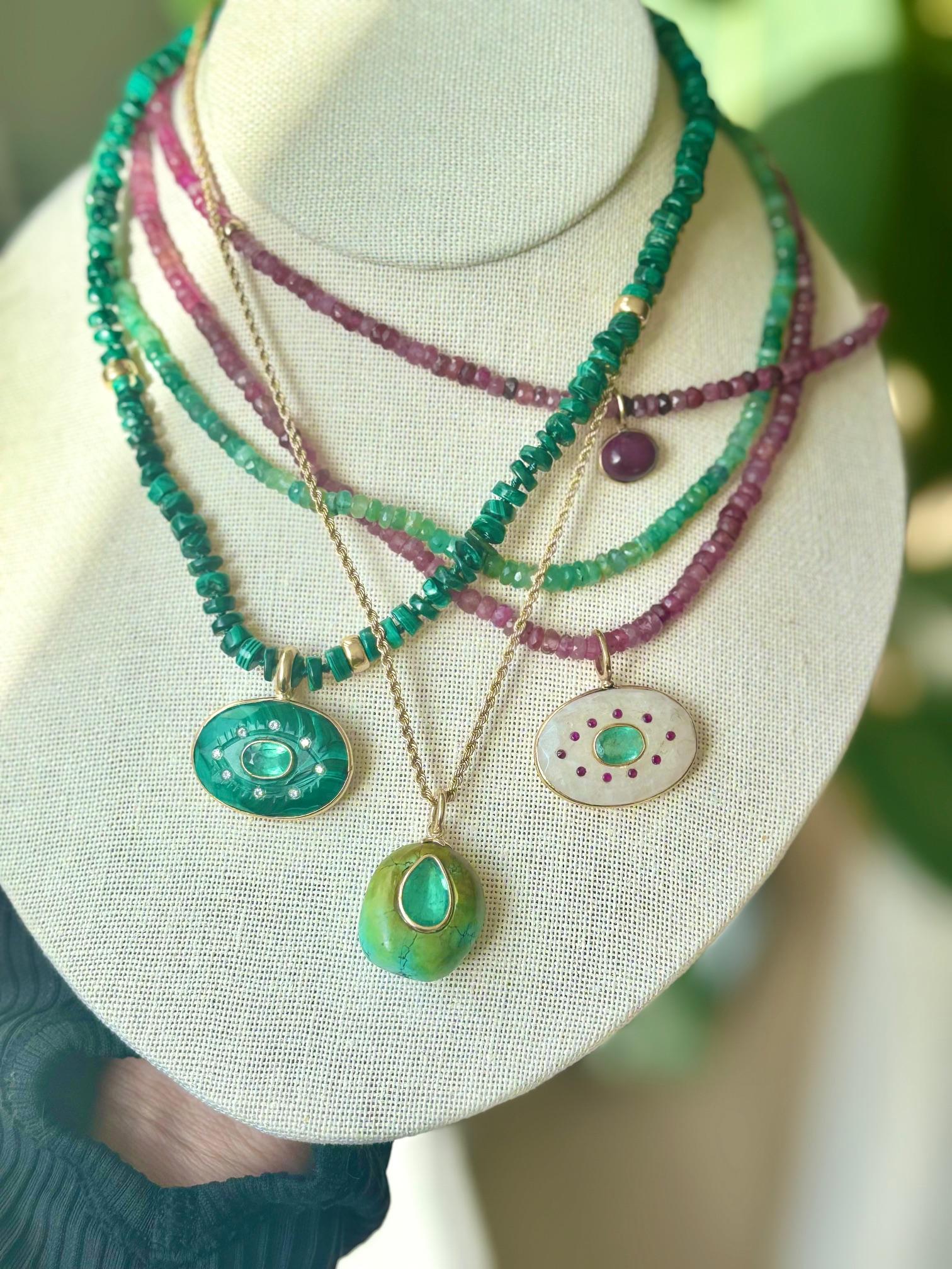 da uomo o donna COLLANA EVIL EYE, malachite, smeraldo, diamanti e oro 14k in vendita