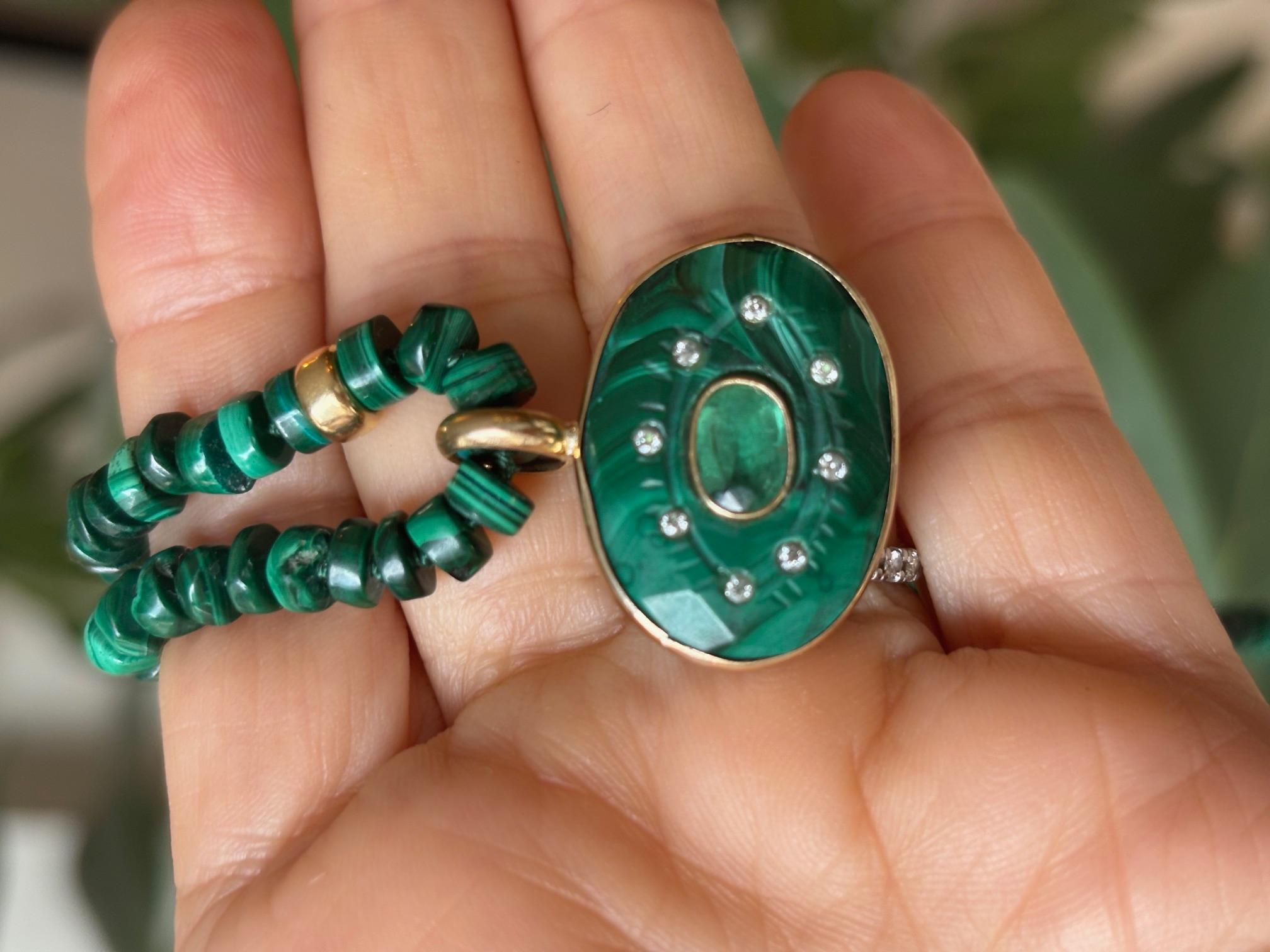 COLLANA EVIL EYE, malachite, smeraldo, diamanti e oro 14k in vendita 6