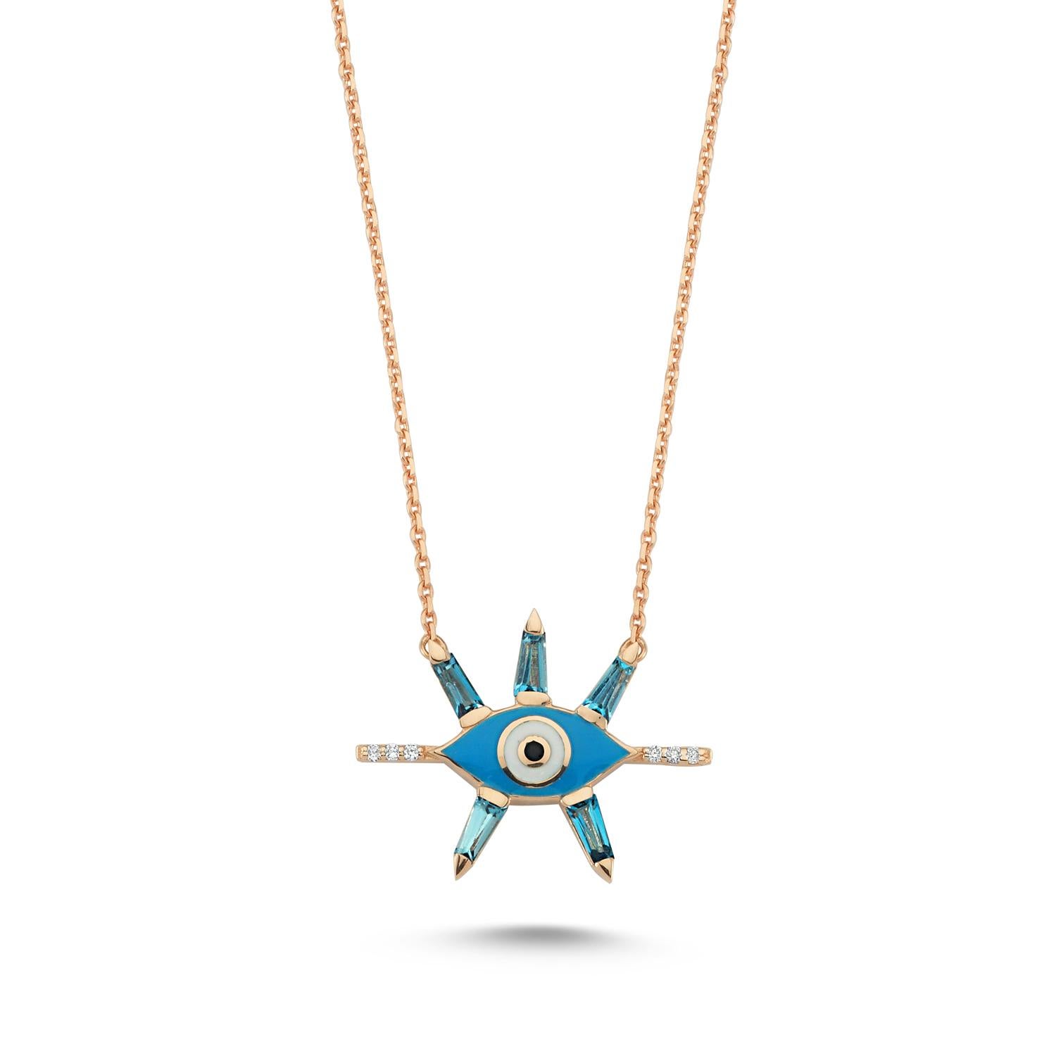 Evil eye necklace with blue topaz, enamel and white diamond by Selda Jewellery

Additional Information:-
Collection: Art of giving collection
14K Rose gold
0.03ct White diamond
Chain length 43cm
Pendant height 1.5cm