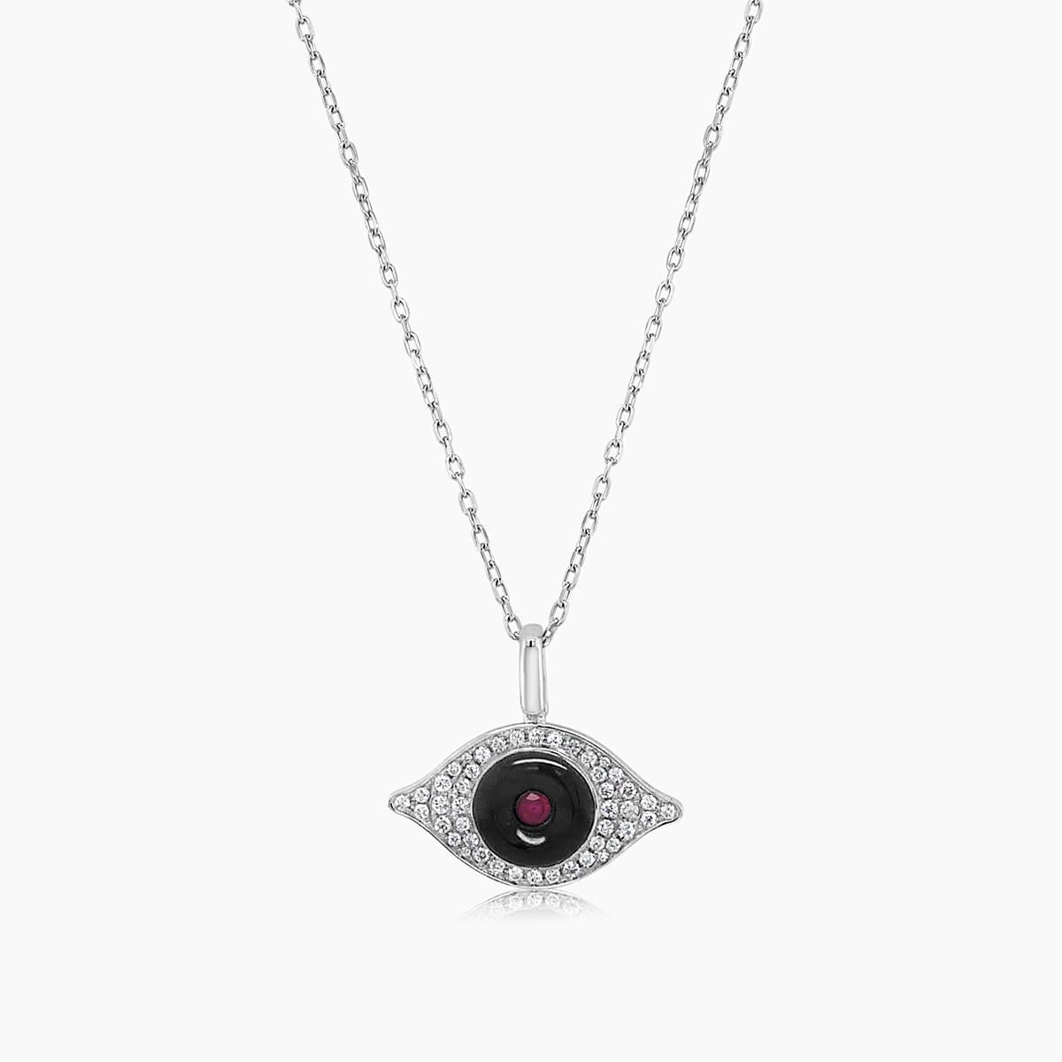 Taille mixte Collier pendentif œil maléfique en onyx, rubis et diamant blanc en or blanc 18K en vente