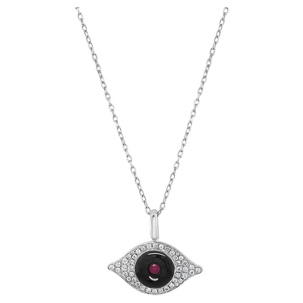 Collier pendentif œil maléfique en onyx, rubis et diamant blanc en or blanc 18K en vente