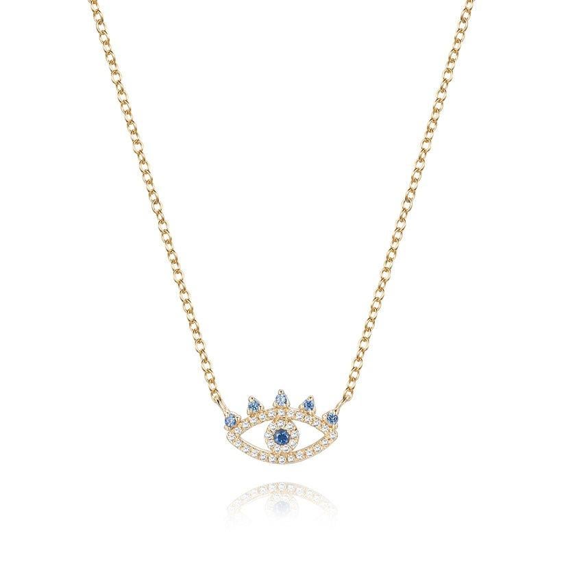Evil Eye Pave Blue Sapphire 14K (oder 18k auf Anfrage) Gelbgold Halskette (Moderne) im Angebot