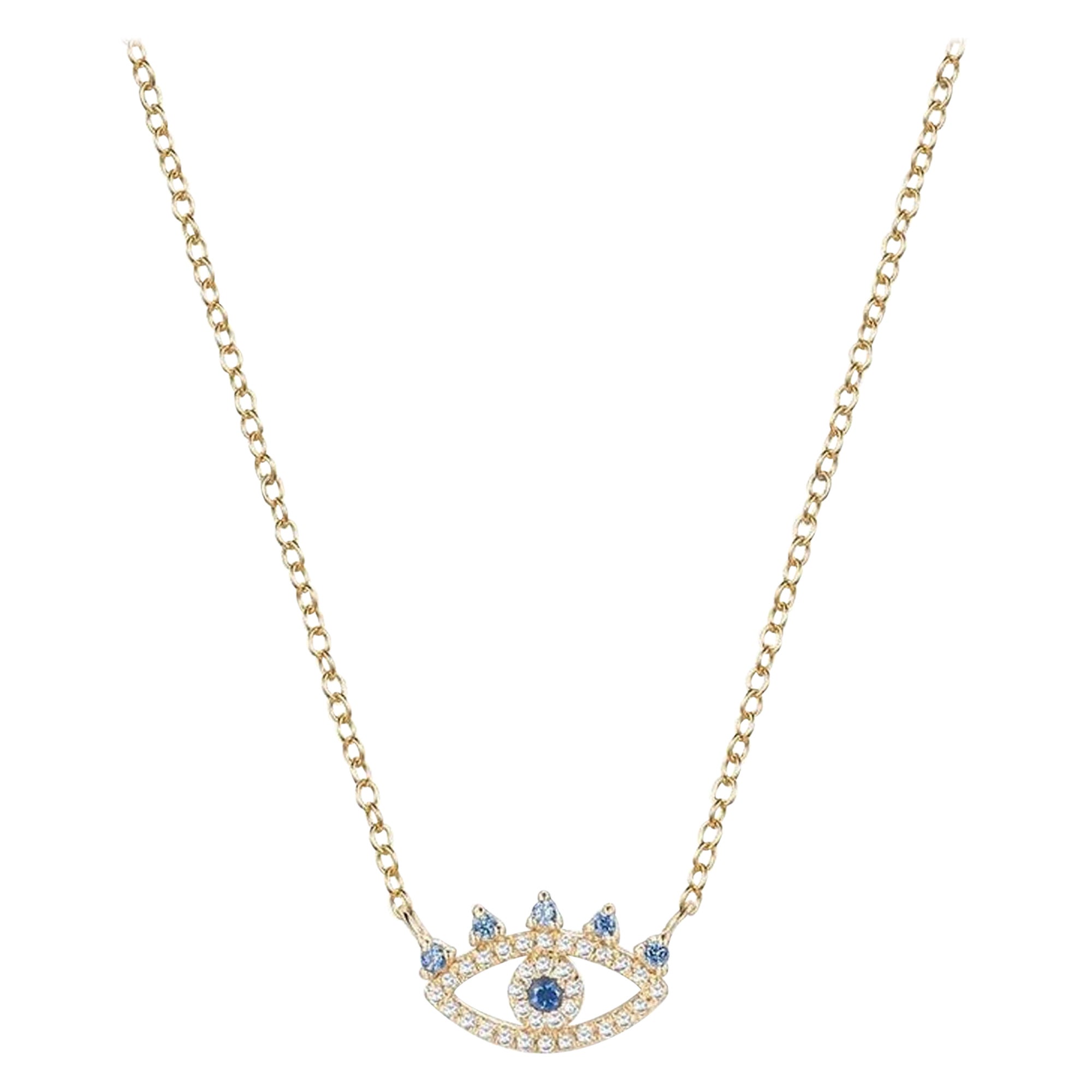 Collier en or jaune 14K (ou 18k sur demande) avec saphir bleu pavé Oeil maléfique