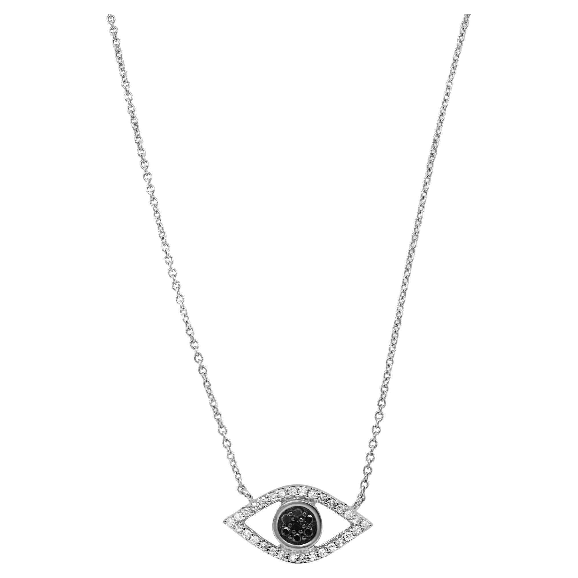 Evil Eye Pave Diamond Pendant Necklace In 14K White Gold 0.18Cttw For Sale