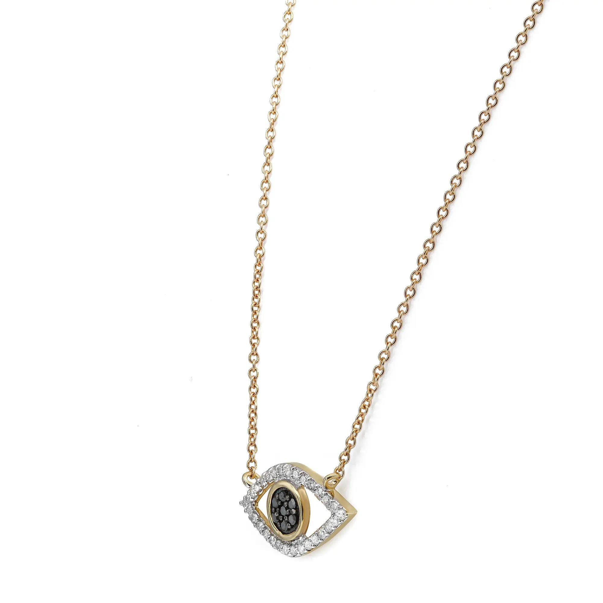 Chic, timeless, and the perfect everyday necklace. Crafted in 14k yellow gold. This necklace features an evil eye pendant studded with pave set black diamonds in the center round shank with white diamonds on the eye shape outline. Total diamond
