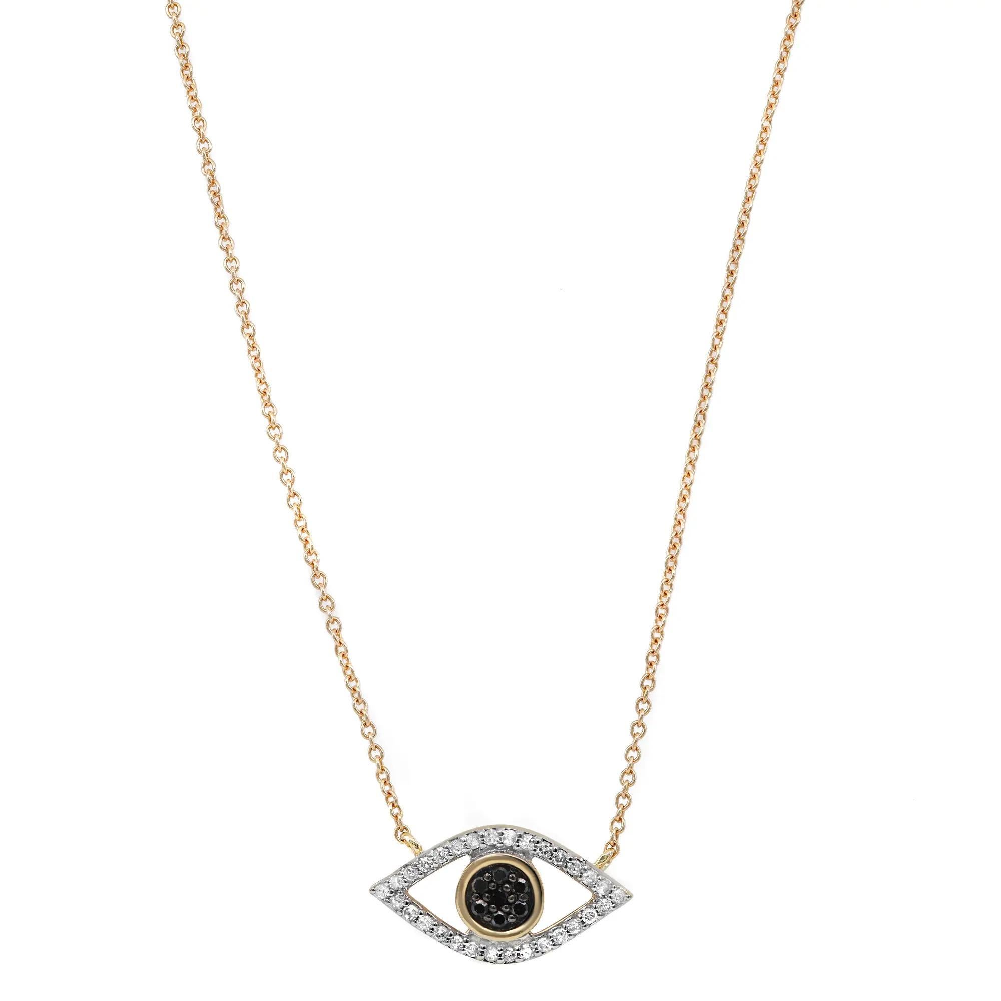 Collier pendentif Evil Eye en or jaune 14 carats avec diamants pavés (0,18 ct. pt.)