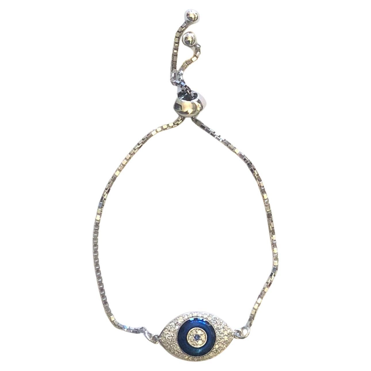 Evil Eye Pave Diamond & Sapphire Pendant Chain Bracelet Made In 18k White Gold For Sale
