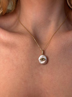 Evil Eye Pearl Necklace with Diamonds and Sapphire, 18K Gold