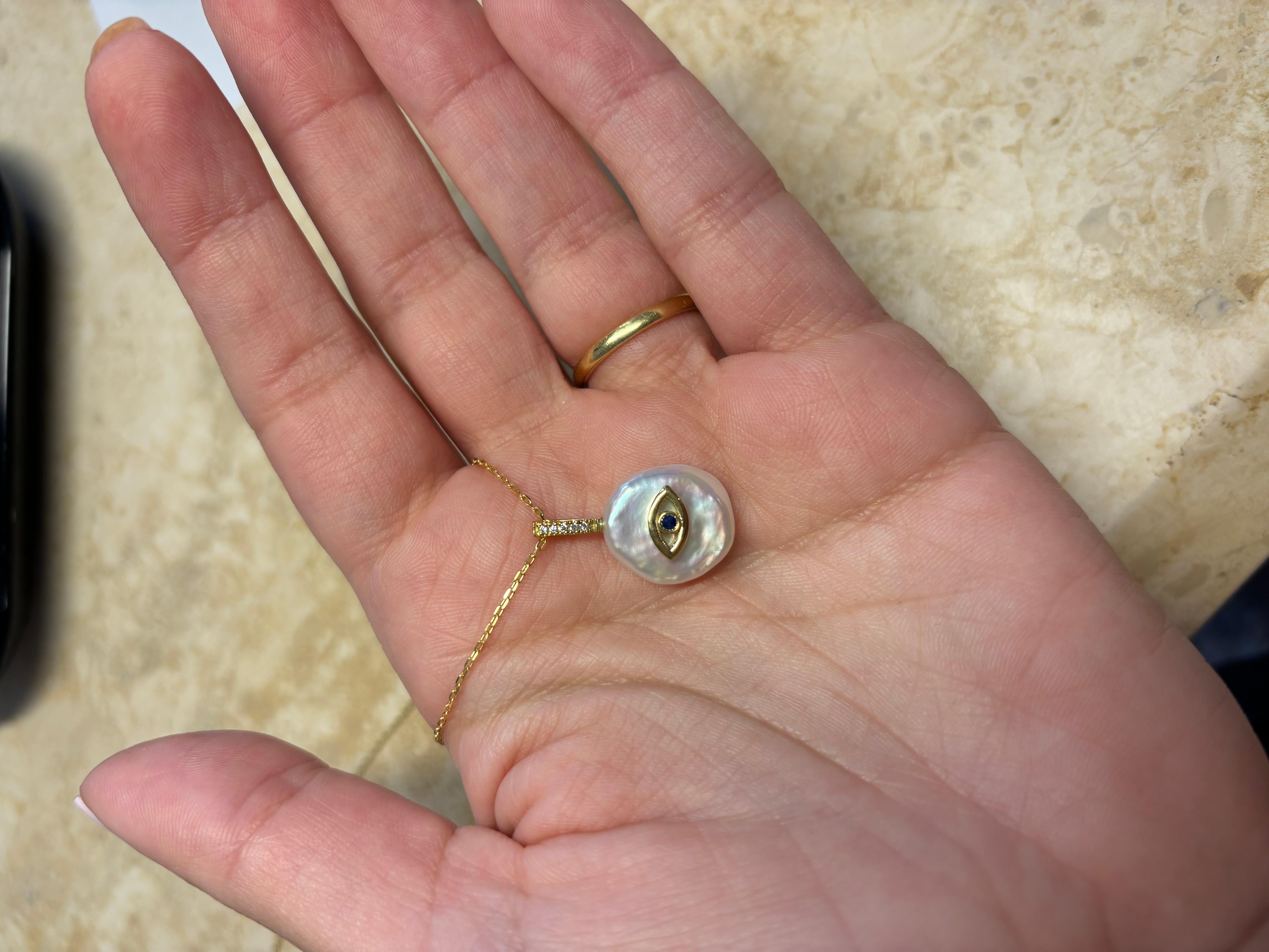 Halskette Evil Eye Perle mit Diamanten und Saphiren, 18 Karat Gold im Angebot 2