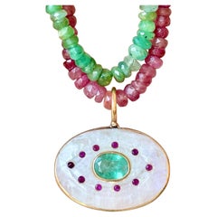 EVIL EYE NECKLACE, Moonstone, Emerald, Rubies and 14k Gold