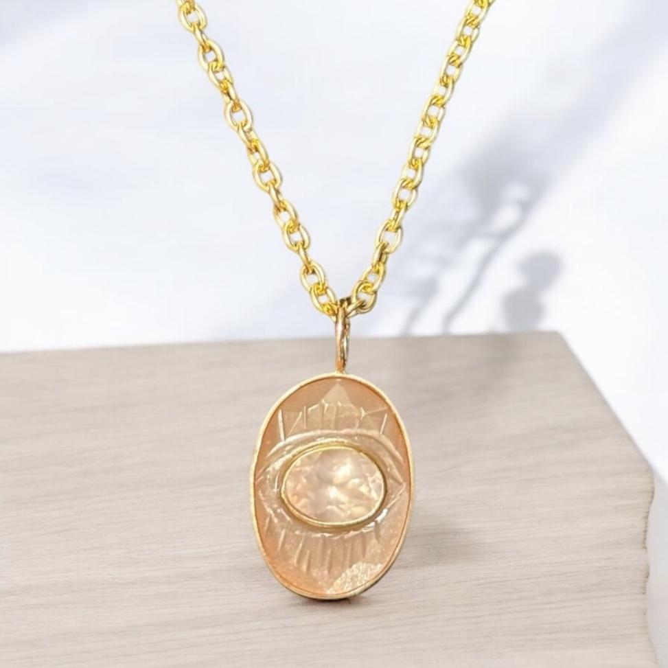 da uomo o donna Ciondolo EVIL EYE, pietra di luna color pesca, quarzo rosa e oro 14k in vendita