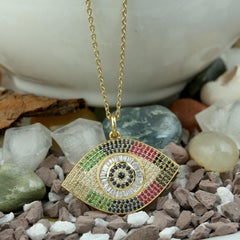 Collana con ciondolo in oro 14 carati con diamante arcobaleno Evil Eye
