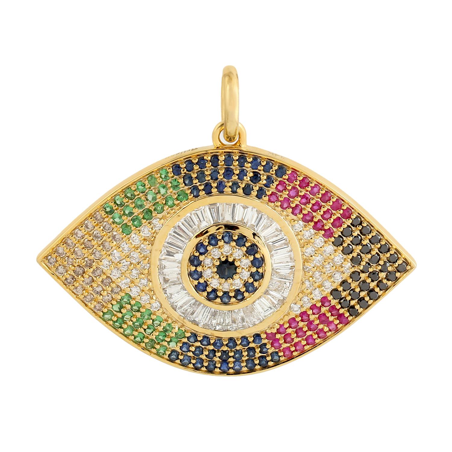 Modern Evil Eye Rainbow Diamond 14 Karat Gold Pendant Necklace For Sale