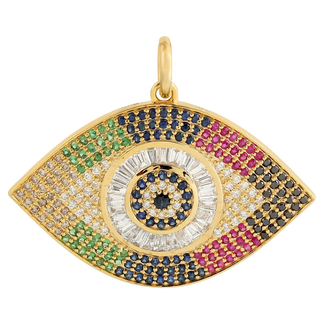 Evil Eye Rainbow Diamond 14 Karat Gold Pendant Necklace For Sale