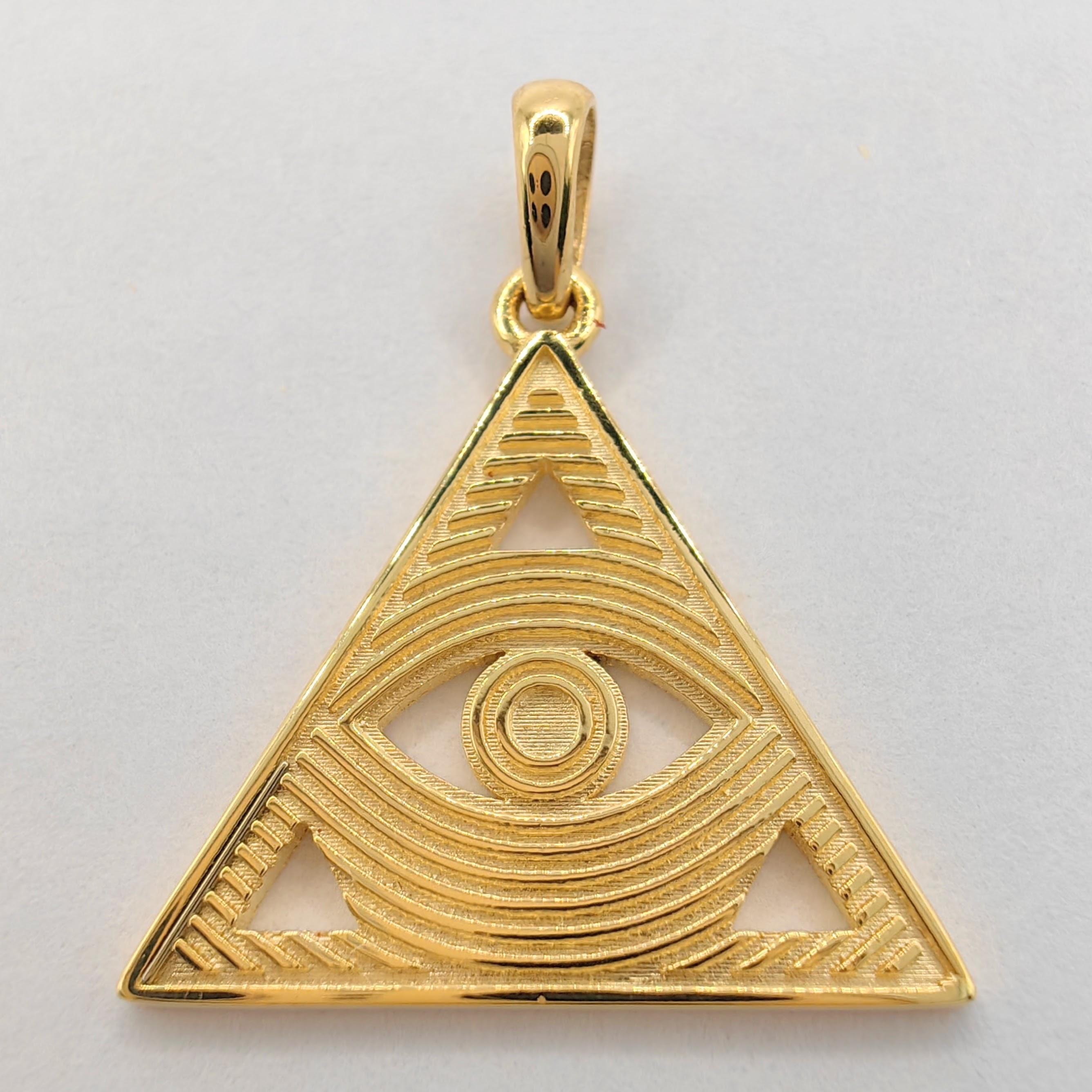 Contemporary Evil Eye Redefined: Modern Triangle Talisman Necklace Pendant in 18K Yellow Gold For Sale