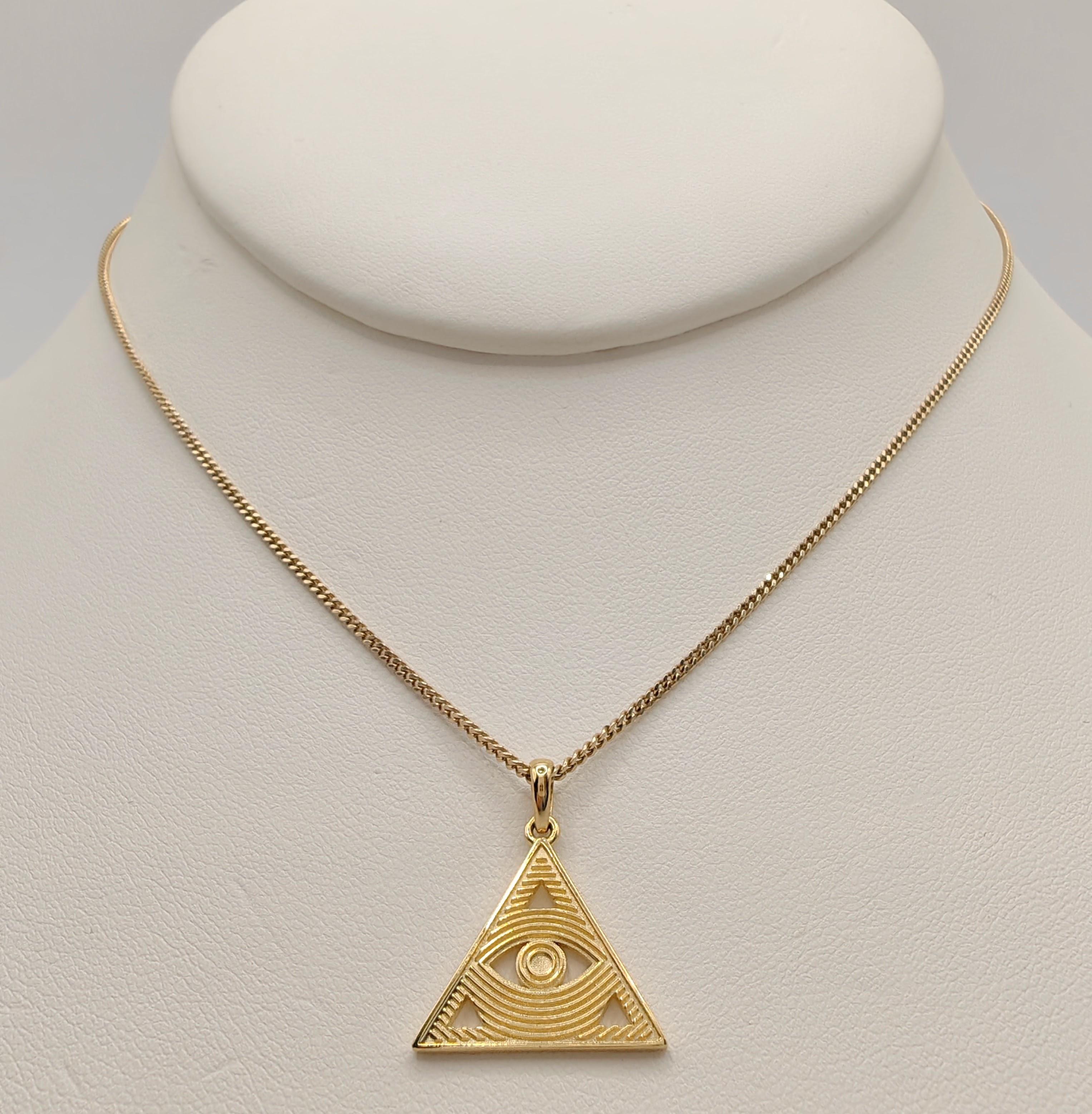 Women's or Men's Evil Eye Redefined: Modern Triangle Talisman Necklace Pendant in 18K Yellow Gold For Sale