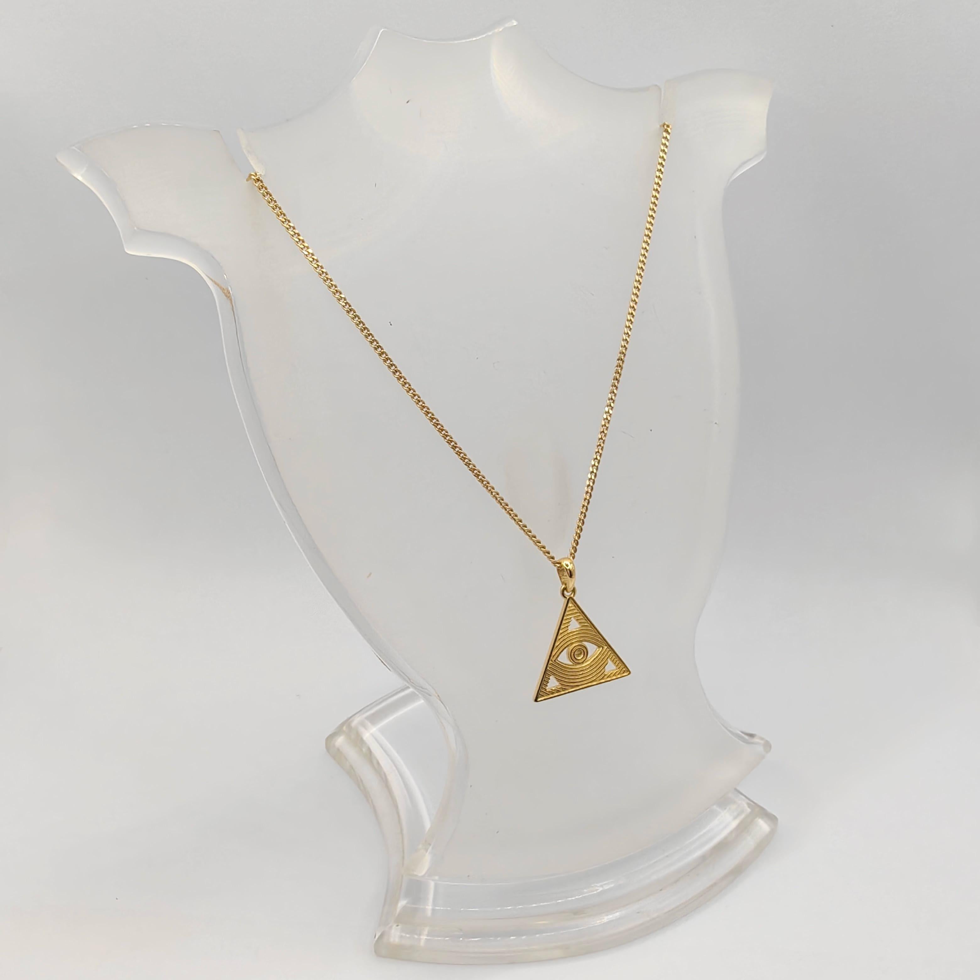 Evil Eye Redefined: Modern Triangle Talisman Necklace Pendant in 18K Yellow Gold For Sale 1