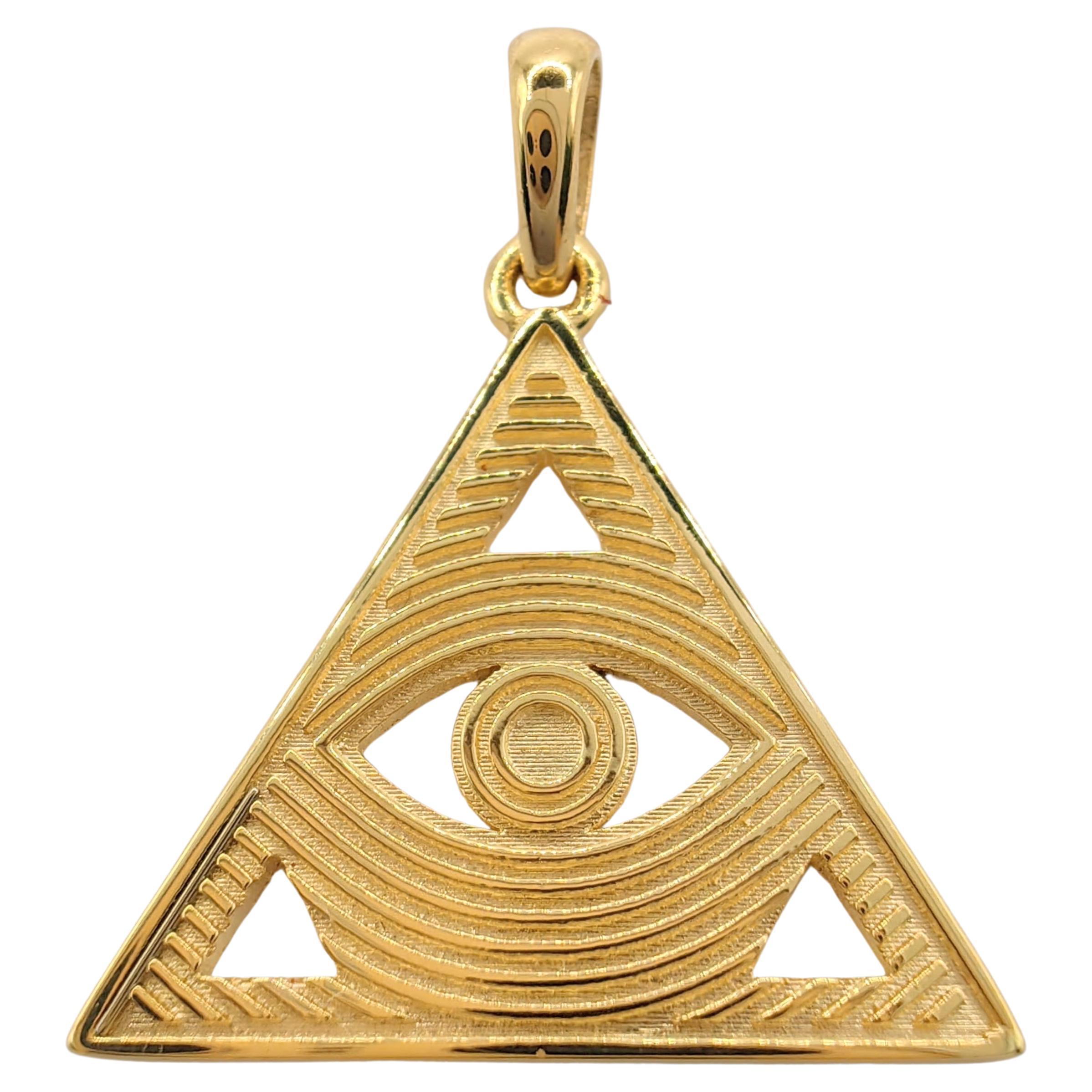 Evil Eye Redefined: Modern Triangle Talisman Necklace Pendant in 18K Yellow Gold For Sale