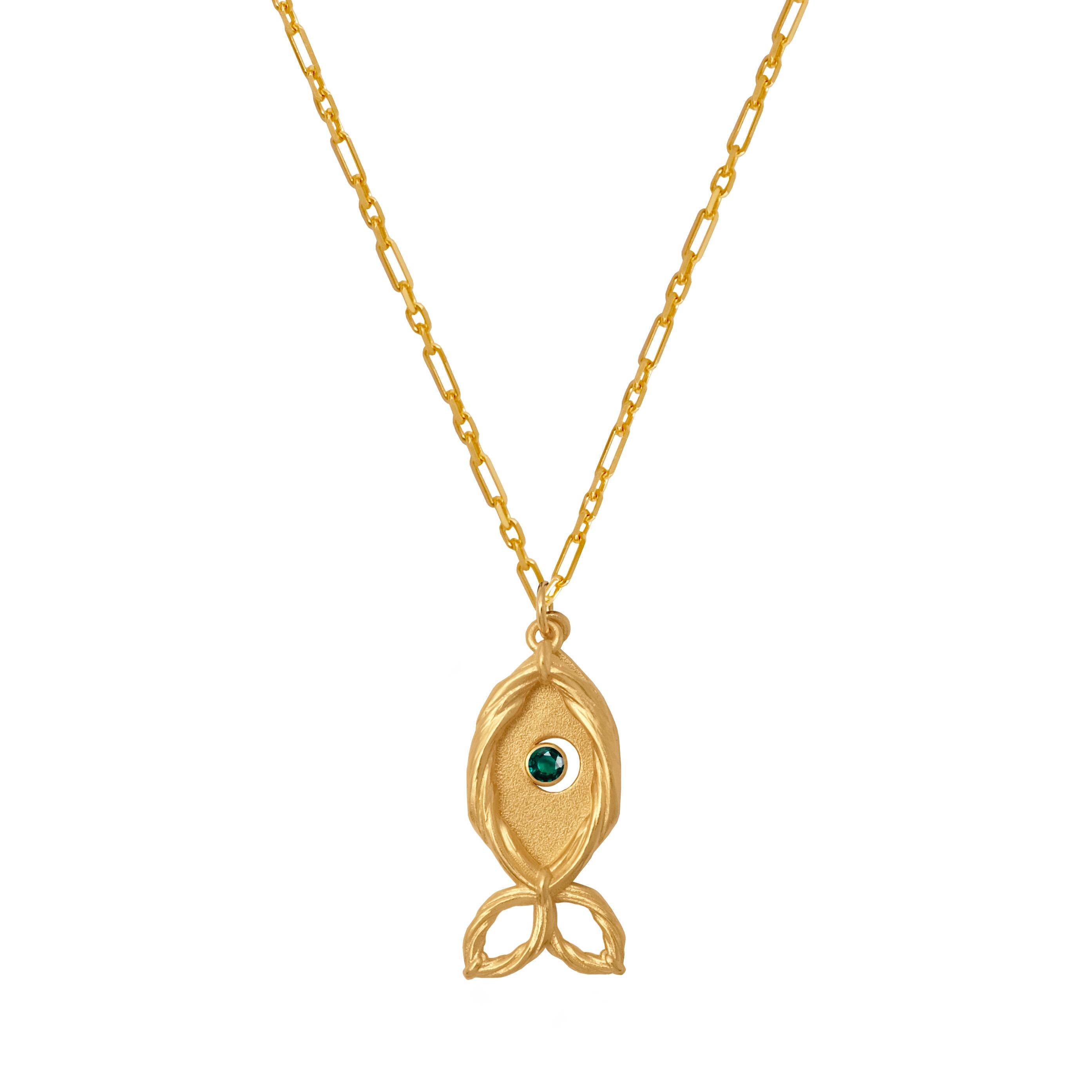 Modern Evil Eye Repeller Fish Necklace with Emerald For Sale