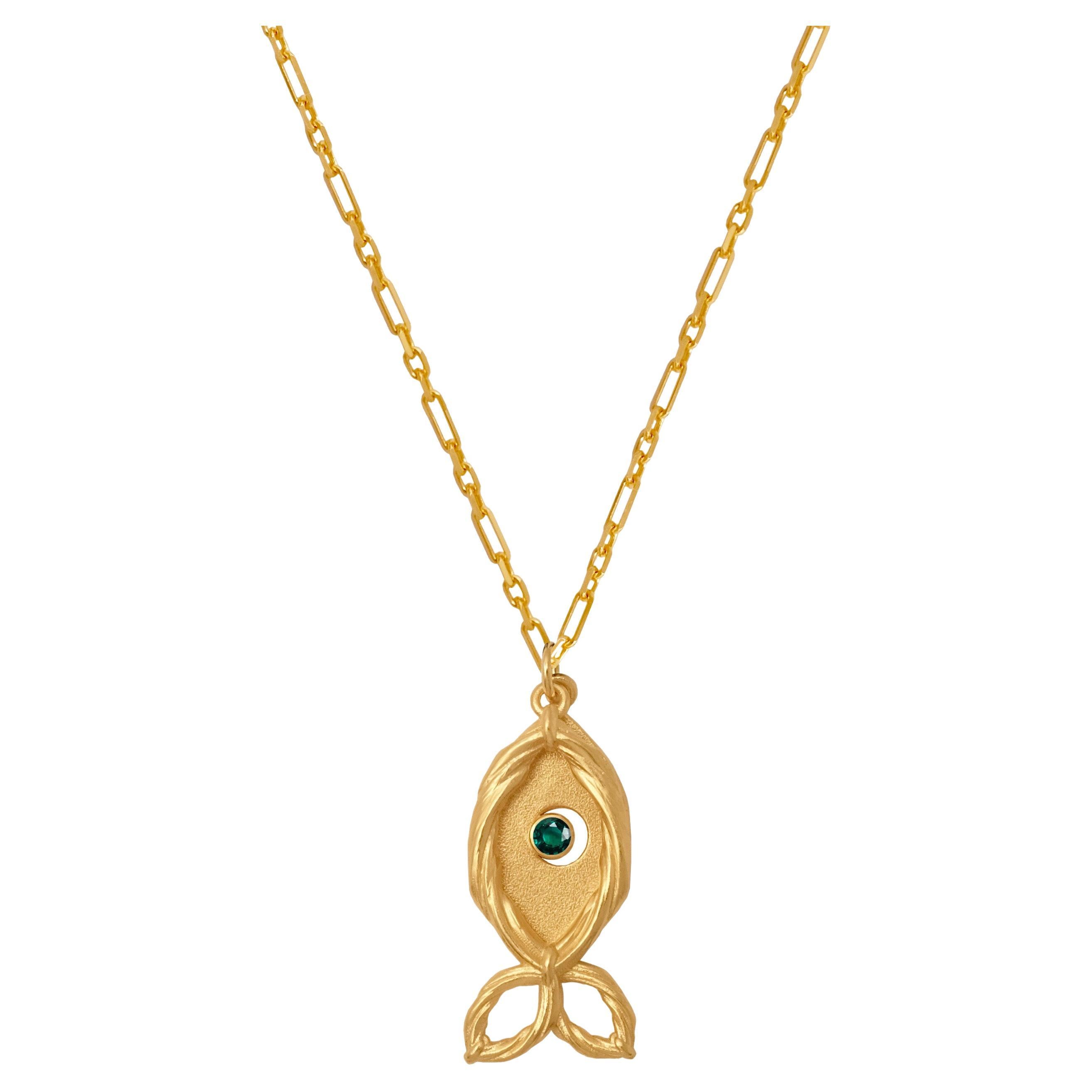 Evil Eye Repeller Fish Necklace with Emerald For Sale