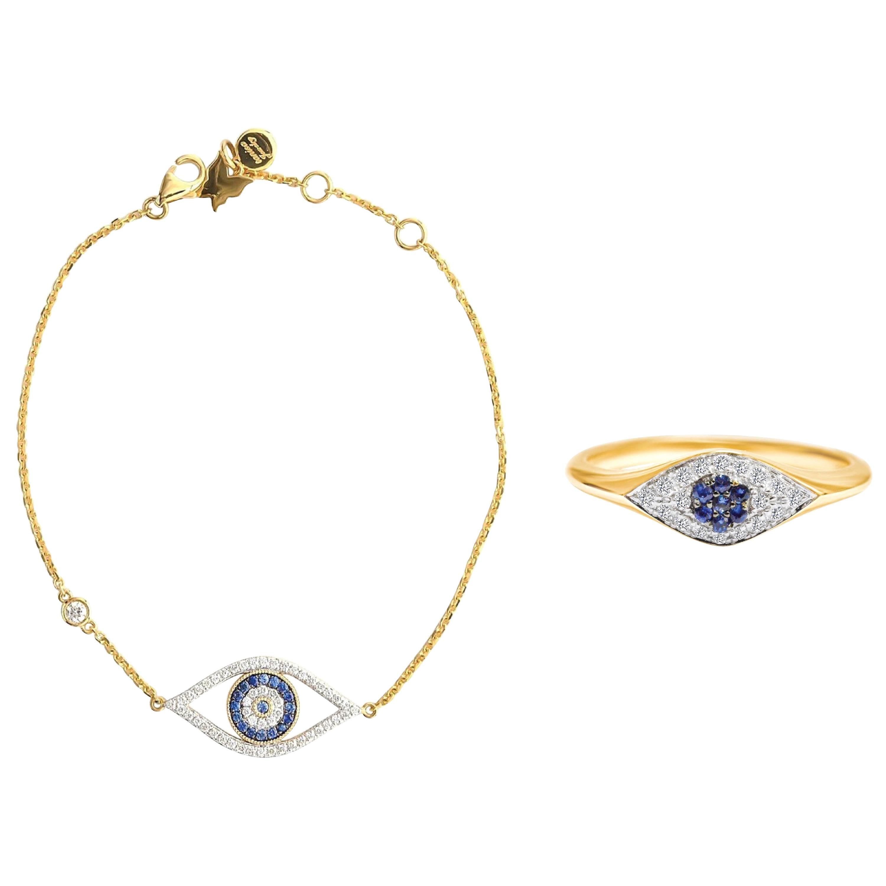 Bague et bracelet Evil Eye en or jaune 18 carats avec saphir bleu et diamants