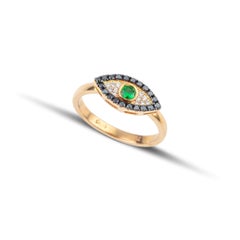 Evil Eye Ring with Green Tsavorite Black & White Diamonds in 18kt Yellow Gold
