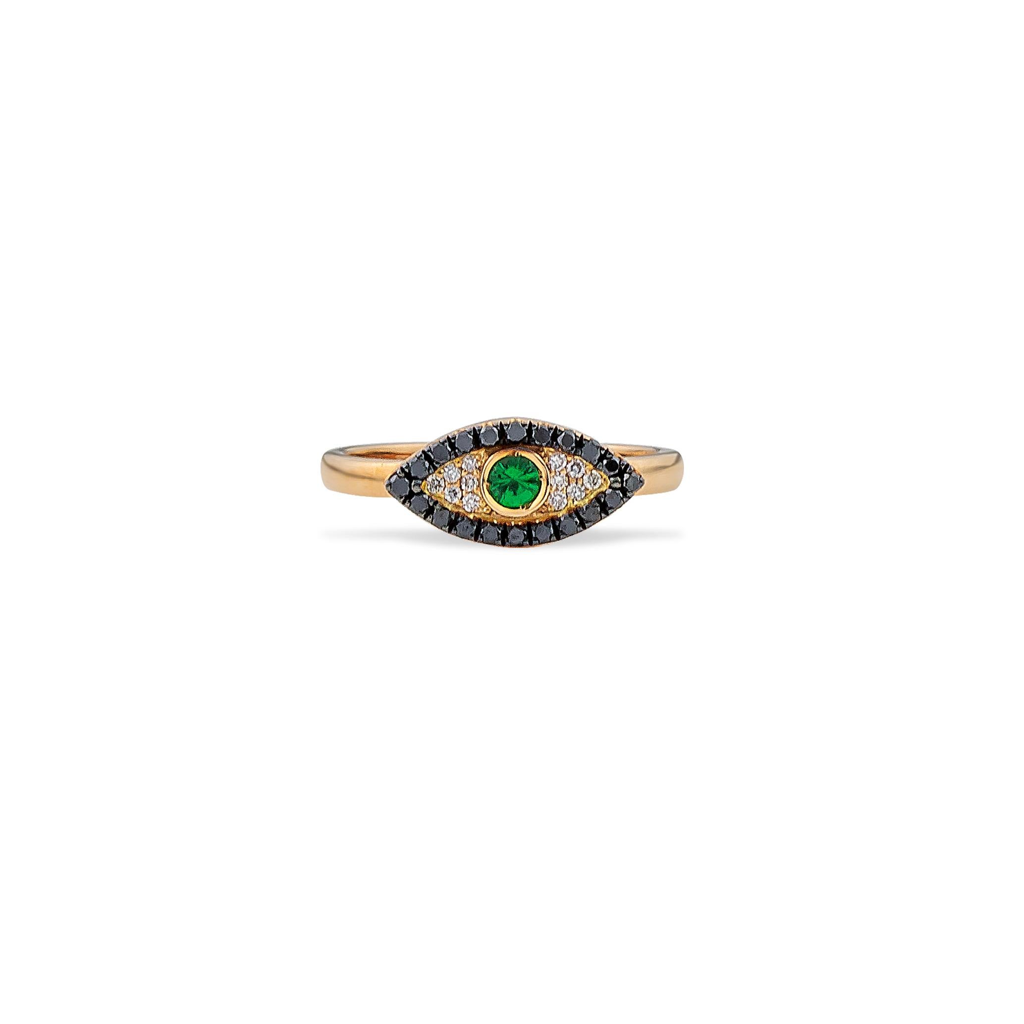 Modern Evil Eye Ring with Green Tsavorite Black & White Diamonds in 18Kt Yellow Gold For Sale