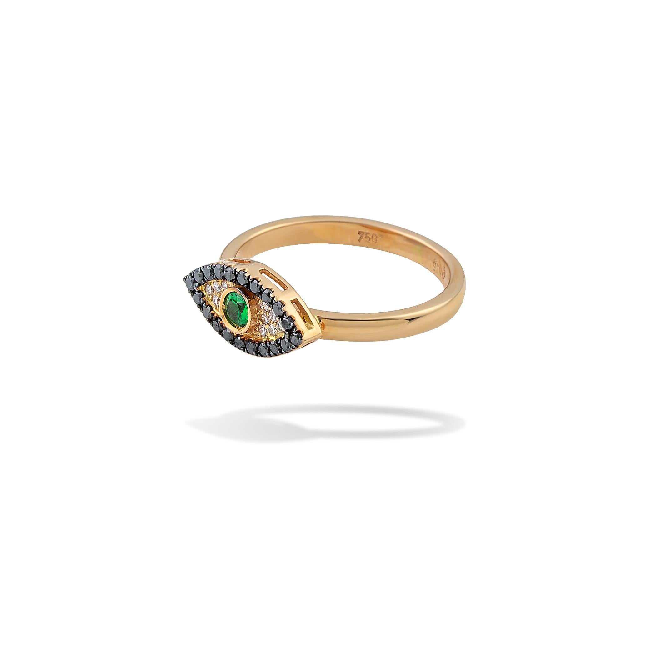 Brilliant Cut Evil Eye Ring with Green Tsavorite Black & White Diamonds in 18Kt Yellow Gold For Sale