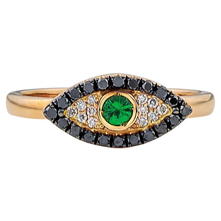 Evil Eye Ring with Green Tsavorite Black & White Diamonds in 18kt Yellow Gold For Sale