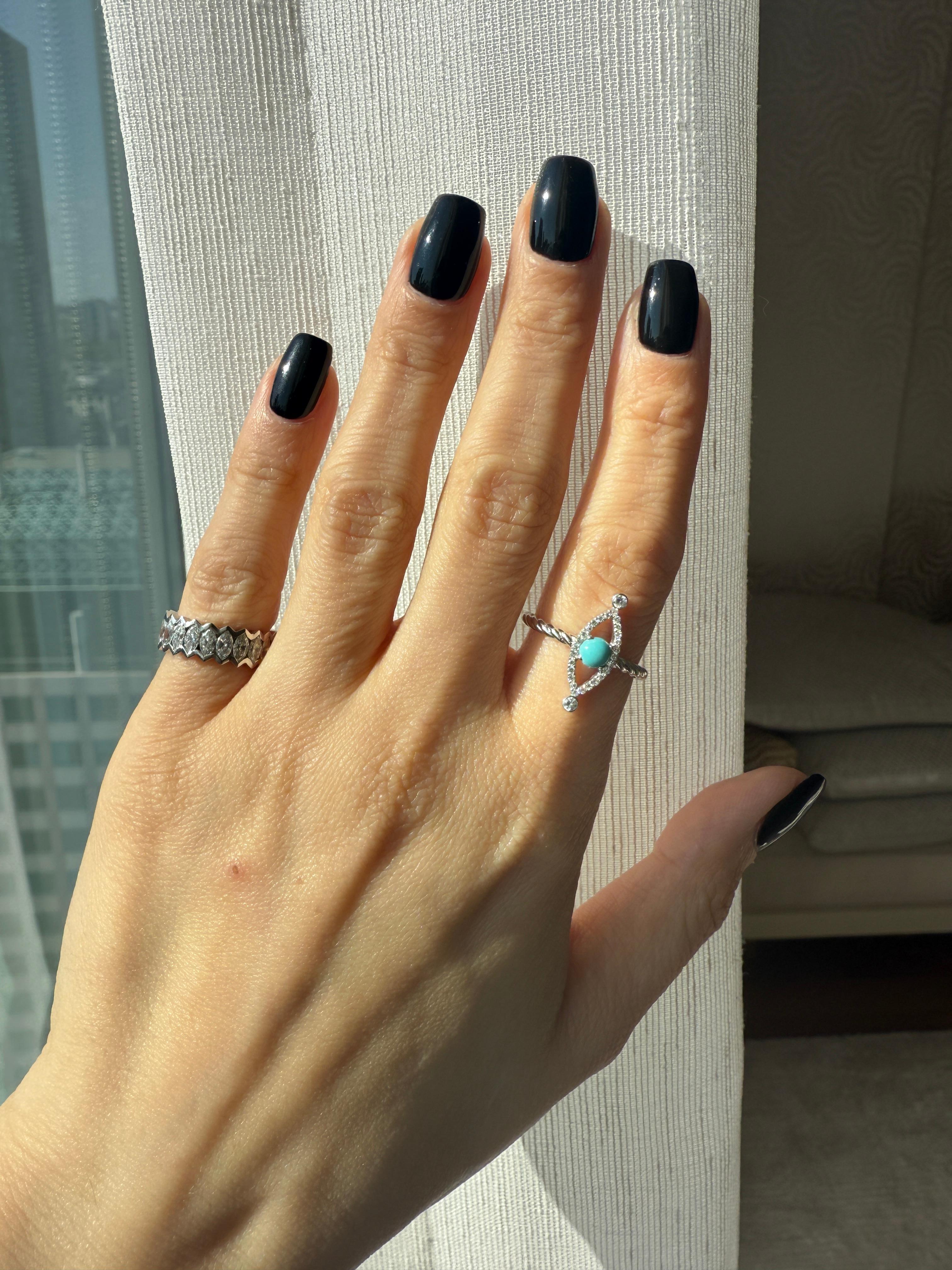 Anillo de mal de ojo  con Turquesa y Diamantes Naturales en Oro Blanco de 18K Contemporáneo en venta