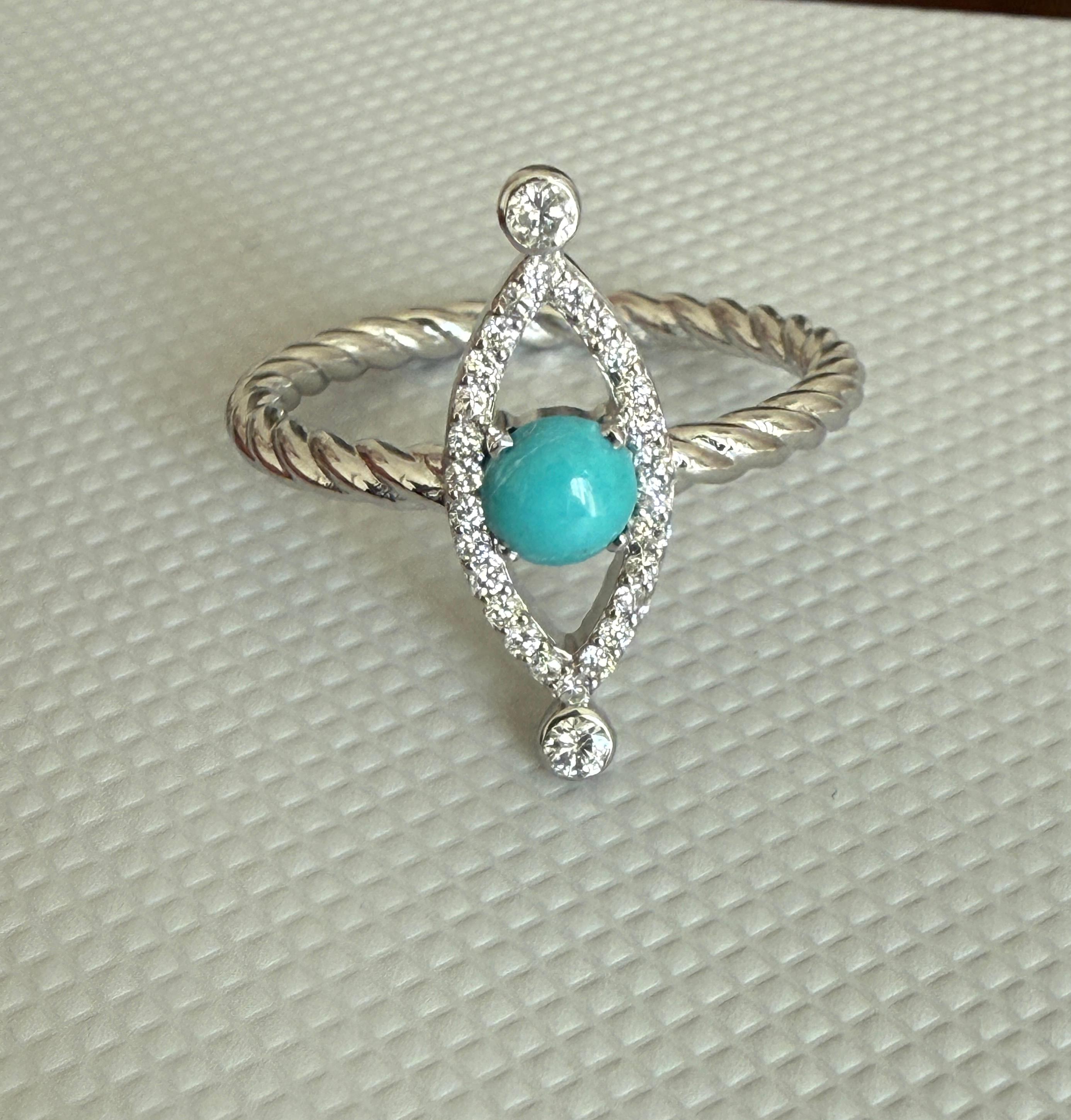 Anillo de mal de ojo  con Turquesa y Diamantes Naturales en Oro Blanco de 18K en venta 1