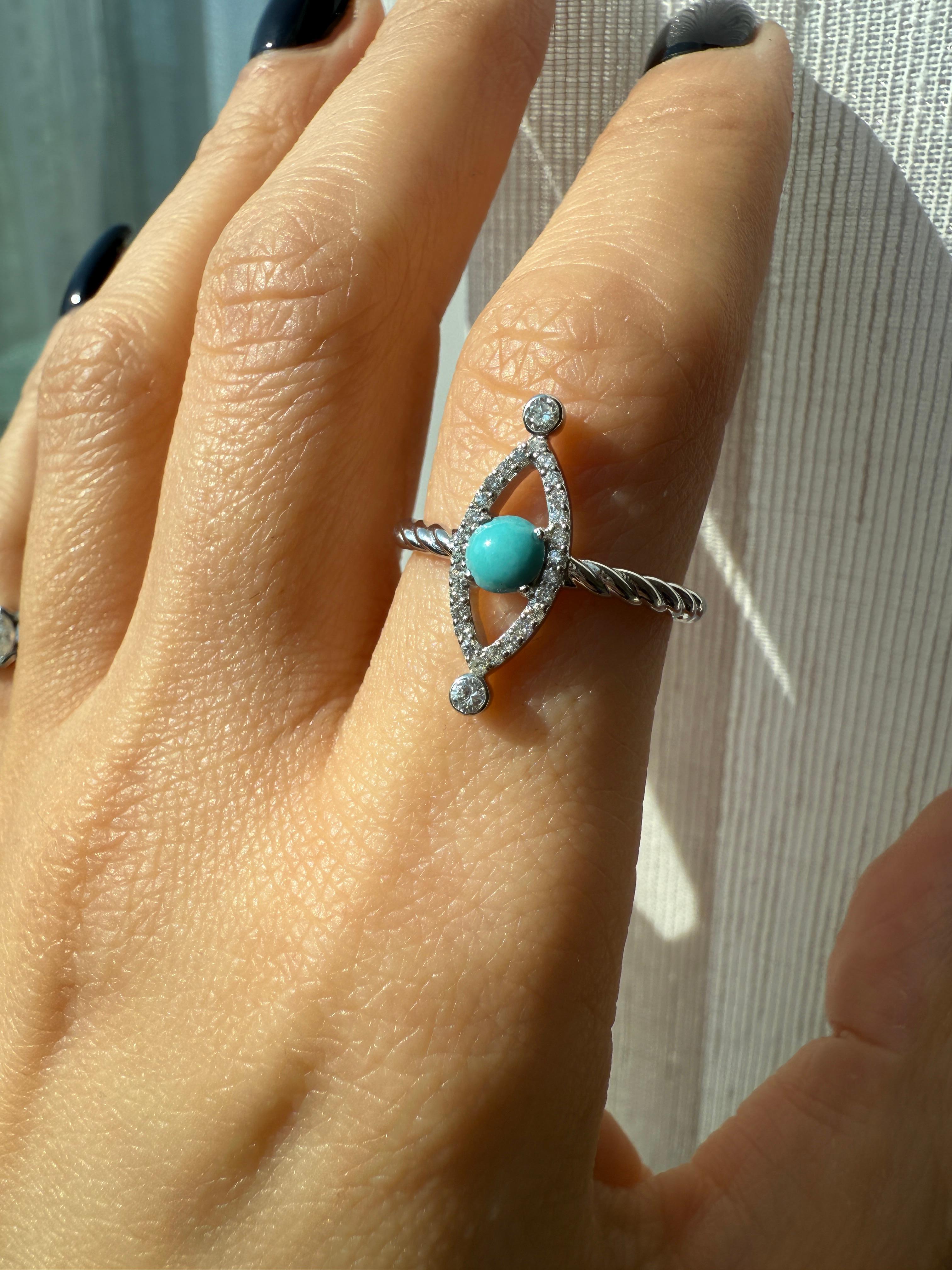 Anillo de mal de ojo  con Turquesa y Diamantes Naturales en Oro Blanco de 18K en venta 3
