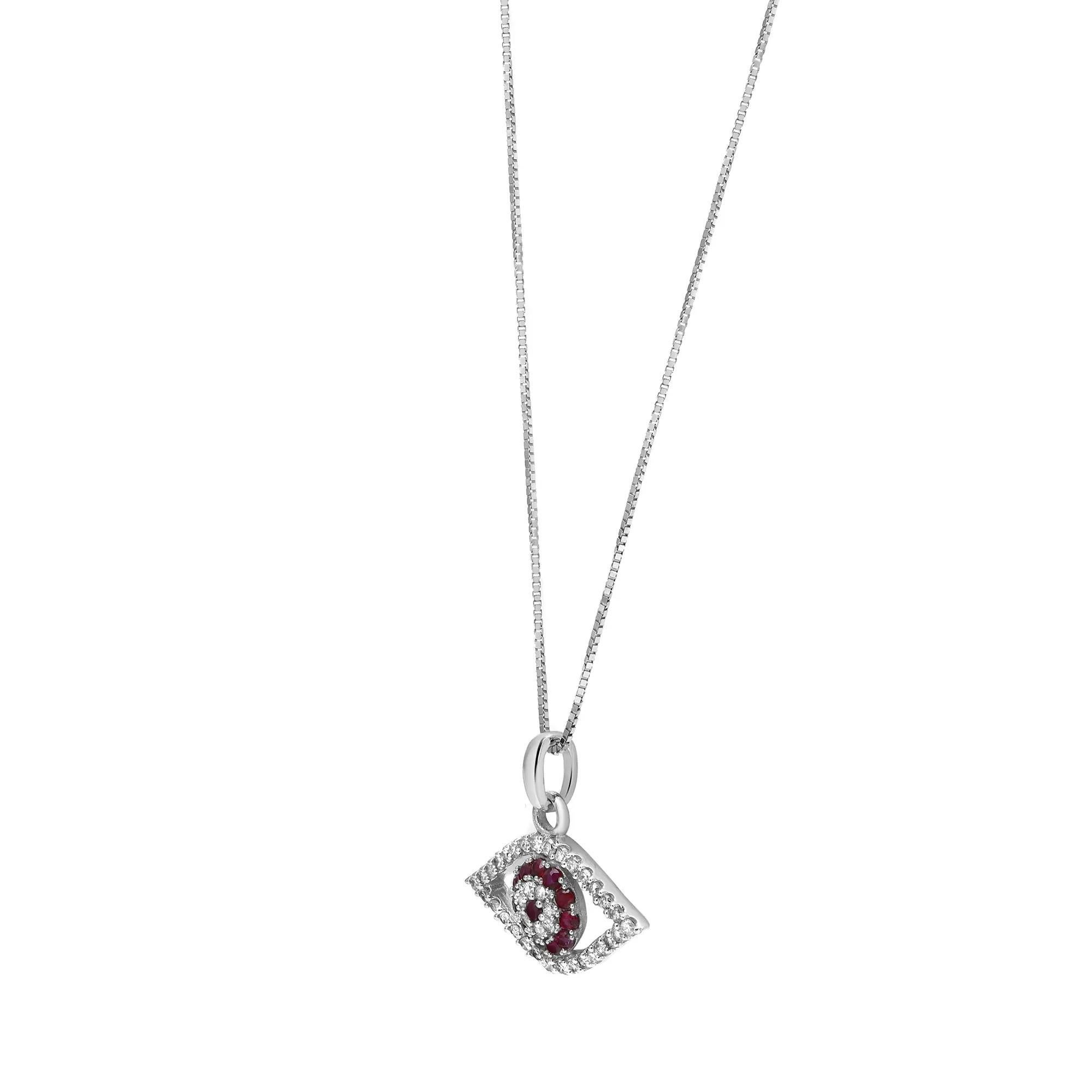 Moderne Collier pendentif Evil Eye en or blanc 14 carats avec rubis et diamants de 18 pouces en vente