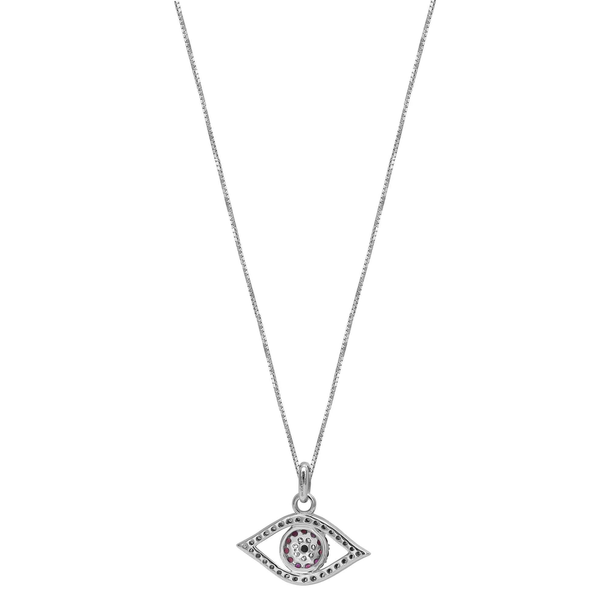 Taille ronde Collier pendentif Evil Eye en or blanc 14 carats avec rubis et diamants de 18 pouces en vente