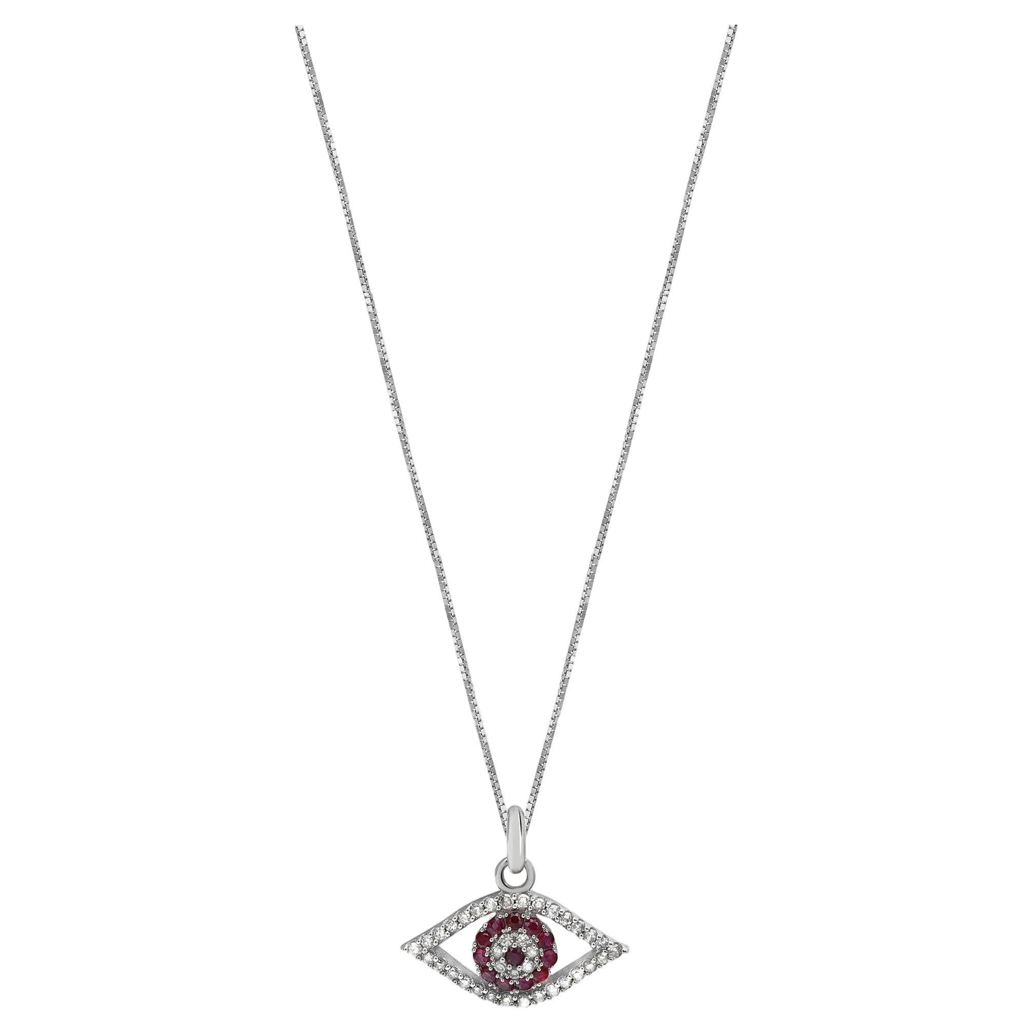Evil Eye Ruby And Diamond Pendant Necklace In 14K White Gold 18 Inches