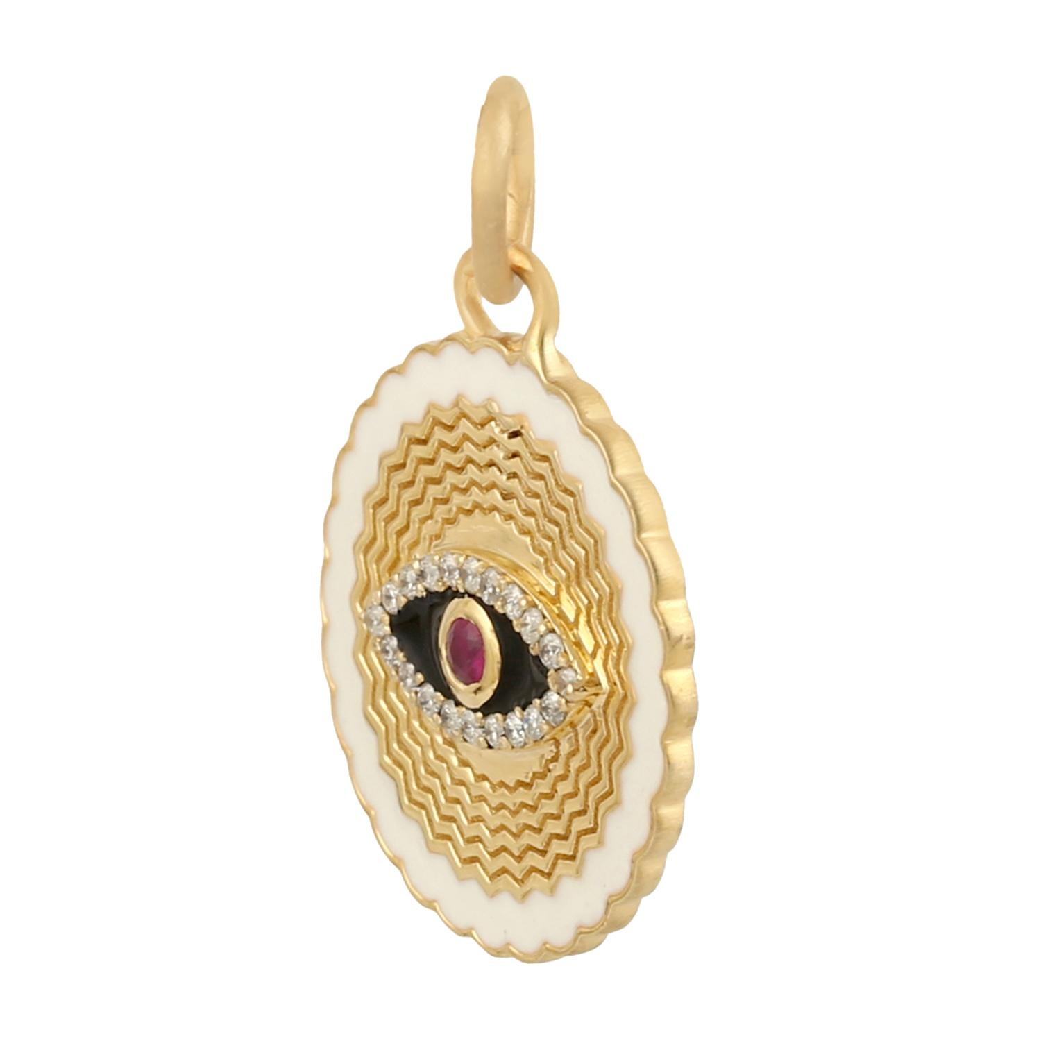 The 14 karat gold enamel pendant is hand set with .04 carats ruby and sparkling diamonds. 

FOLLOW MEGHNA JEWELS storefront to view the latest collection & exclusive pieces. Meghna Jewels is proudly rated as a Top Seller on 1stdibs with 5 star