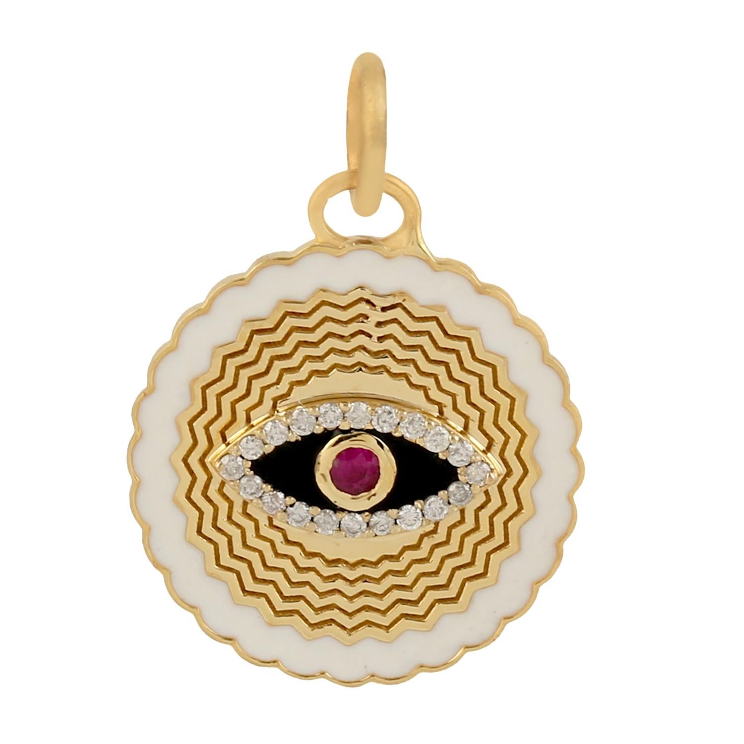 Collar Colgante Esmalte Oro 14 Kilates Rubí Diamante Mal de Ojo Corte mixto en venta
