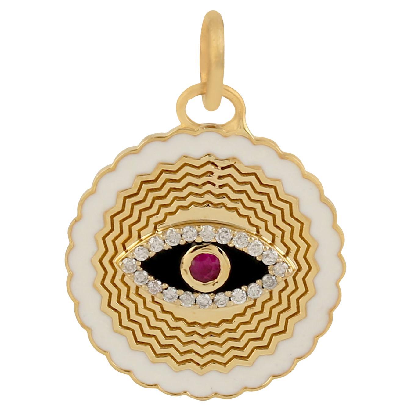 Evil Eye Ruby Diamond 14 Karat Gold Enamel Charm Pendant Necklace