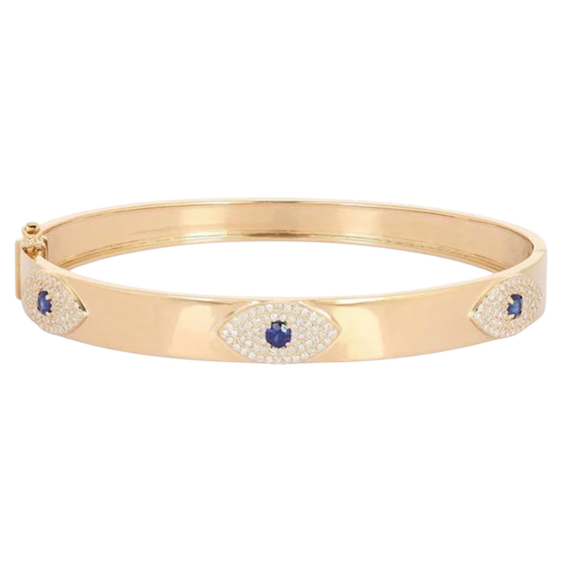 Evil Eye Sapphire 14K (or 18k upon request) Yellow Gold Bangle Bracelet For Sale
