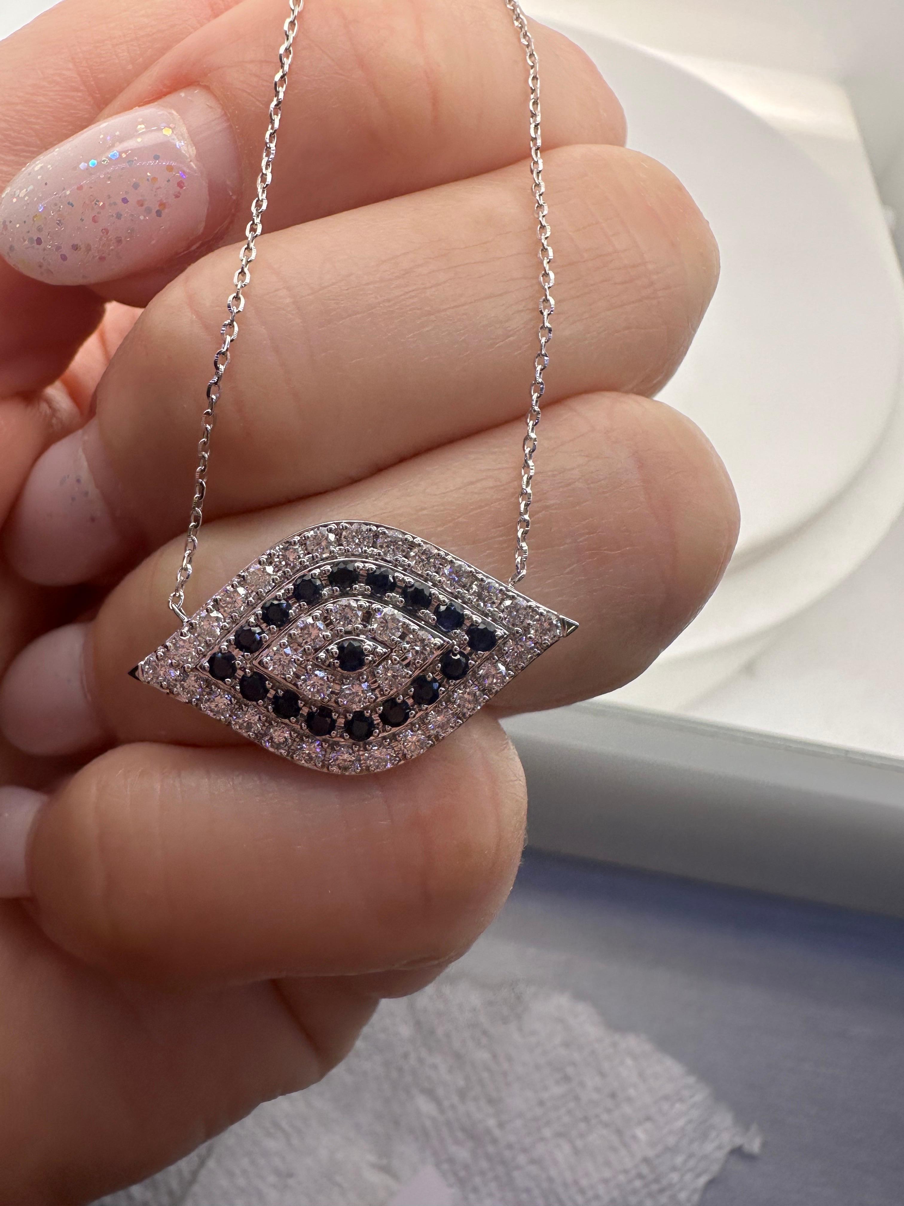 Round Cut Evil eye sapphire diamond pendant necklace 14KT white gold pendant necklace For Sale