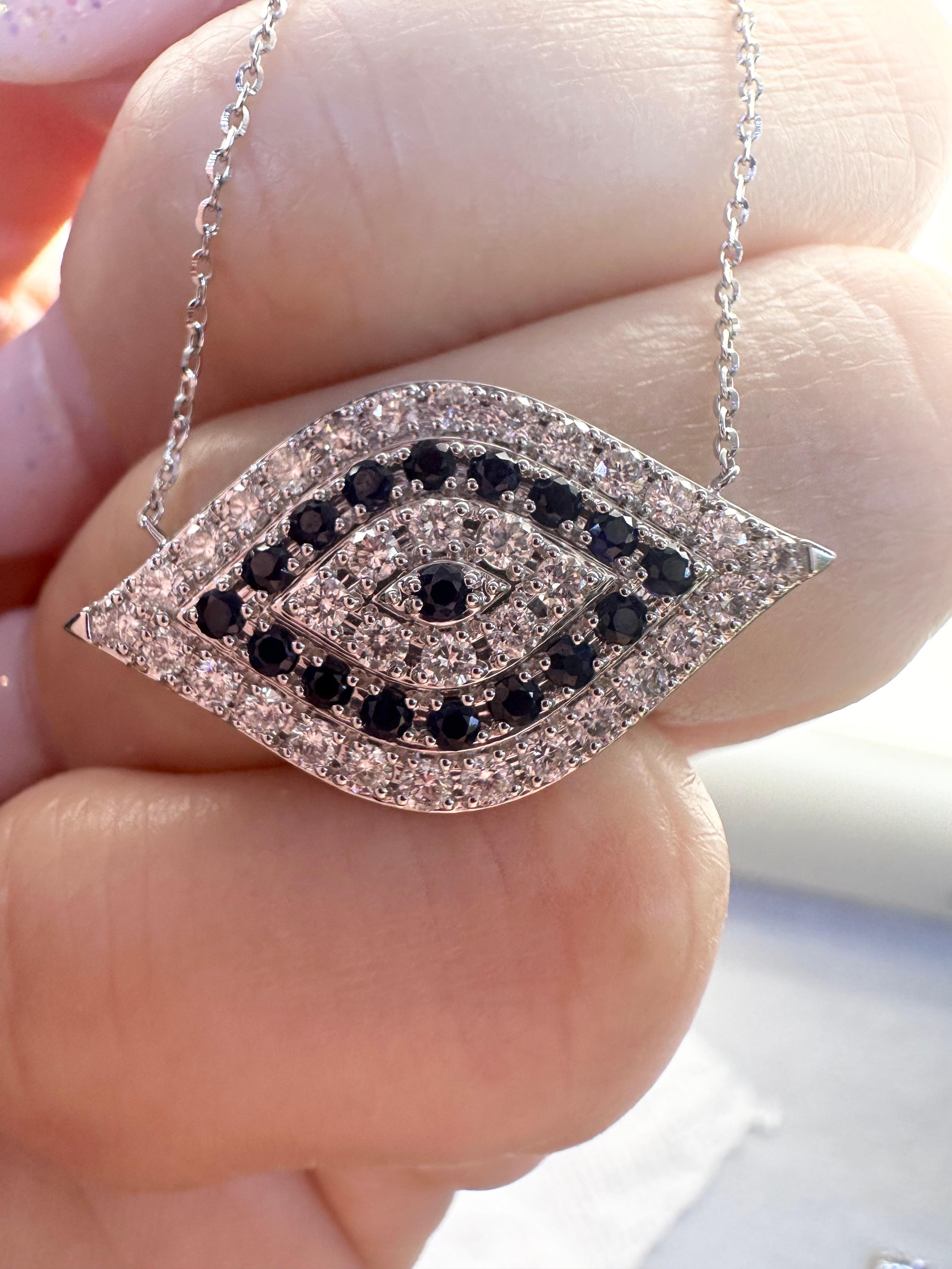 Evil eye sapphire diamond pendant necklace 14KT white gold pendant necklace In New Condition For Sale In Boca Raton, FL