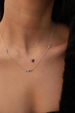 Blue Sapphire Diamond Halo Evil Eye Chain Necklace in 14k Solid Yellow Gold