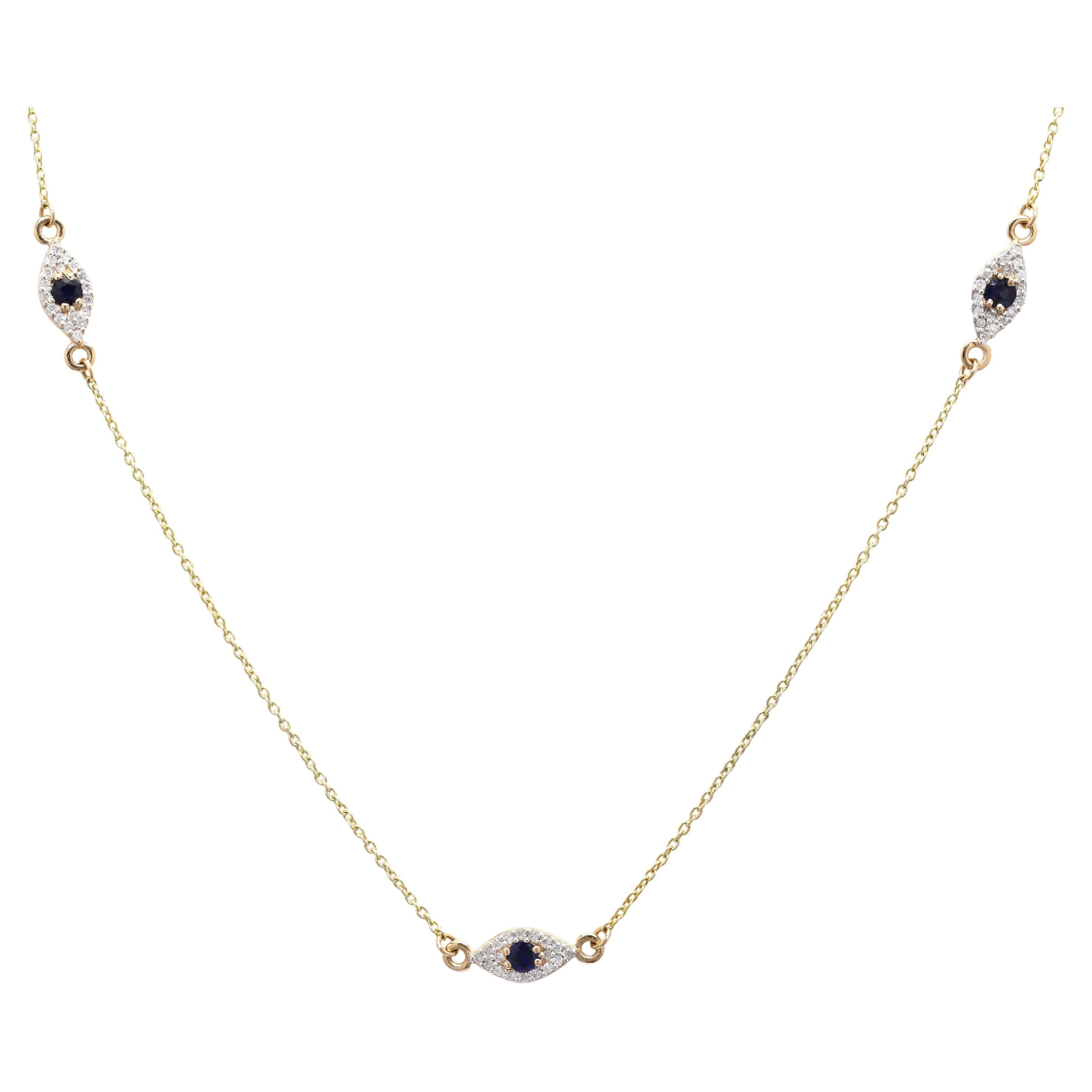 Evil Eye Blue Sapphire Pendant Necklace in 14K Yellow Gold For Sale